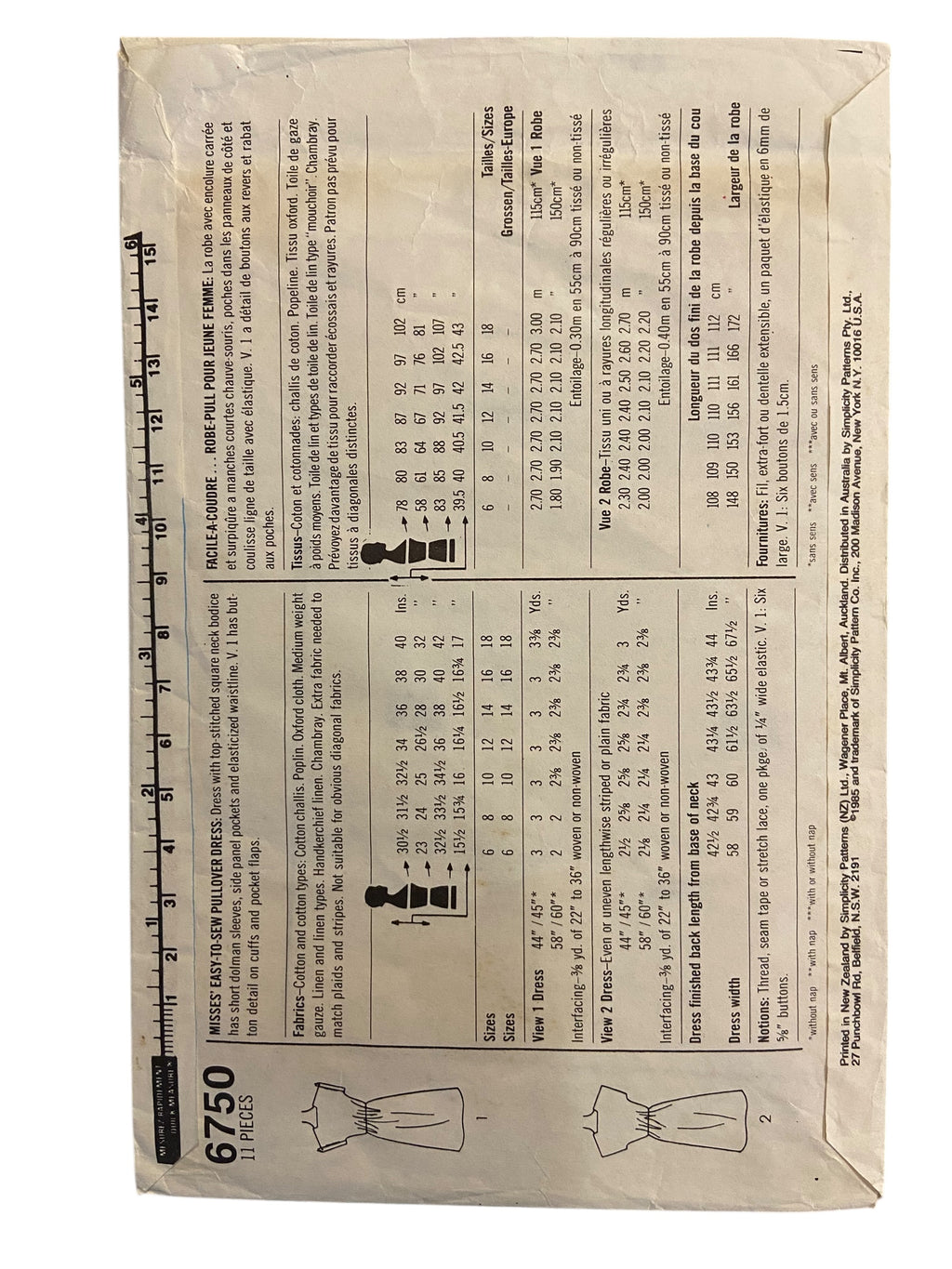 Simplicity 6750 vintage 1980s dress pattern. Bust 32.5, 34, 36 inches