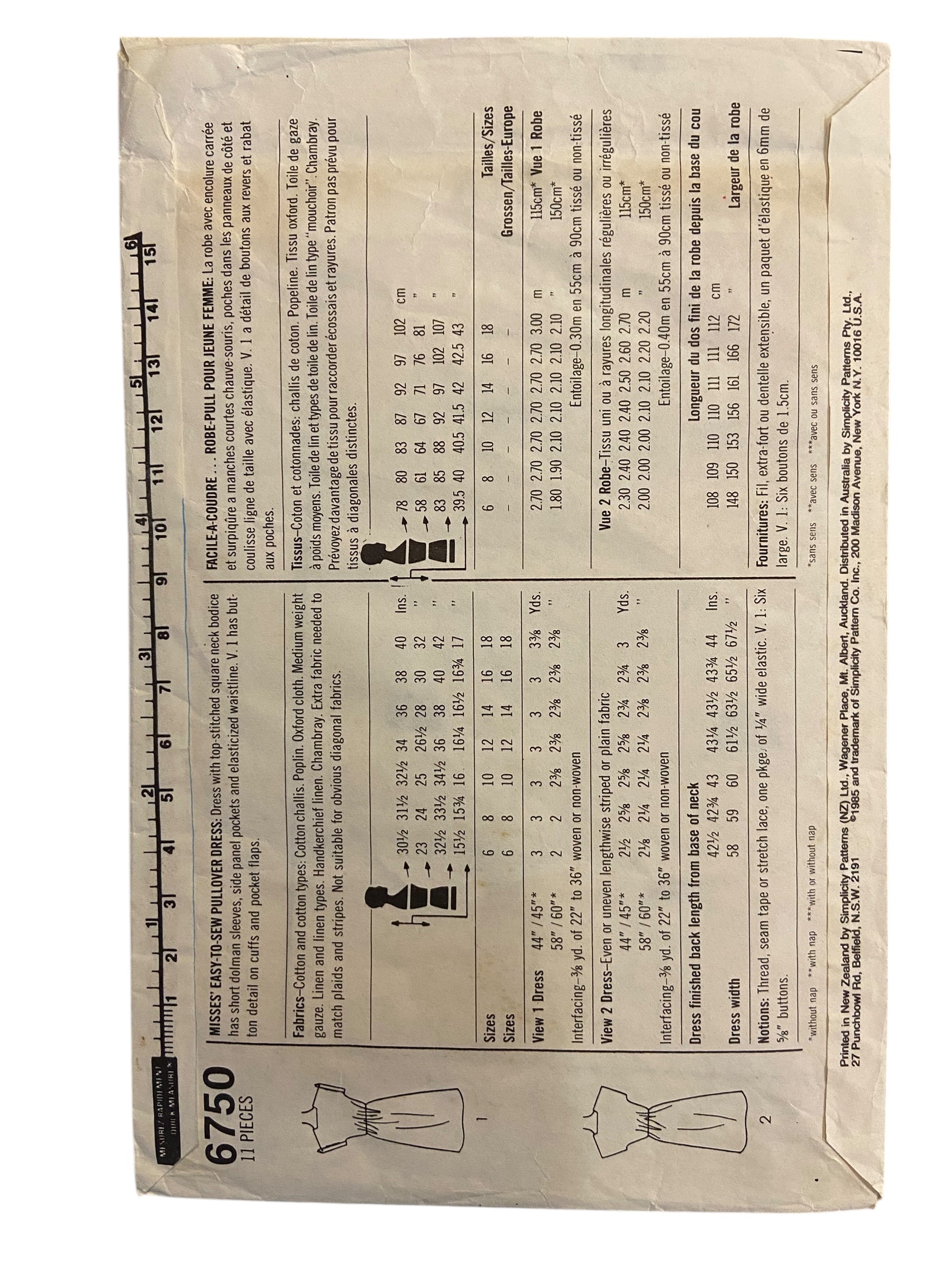 Simplicity 6750 vintage 1980s dress pattern. Bust 32.5, 34, 36 inches