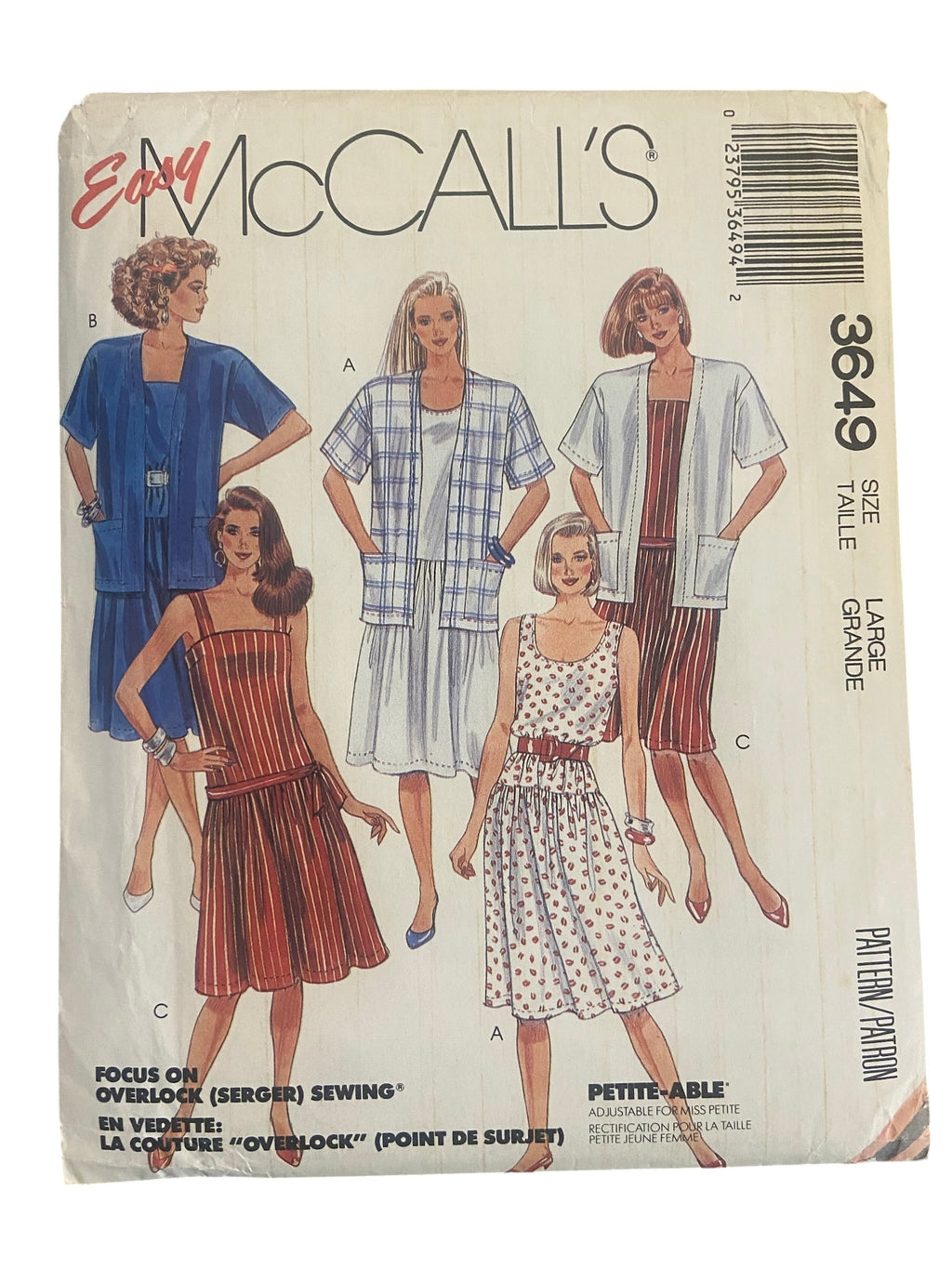 McCall’s 3649 1980s dress and jacket sewing pattern. Bust 40 and 42 inches