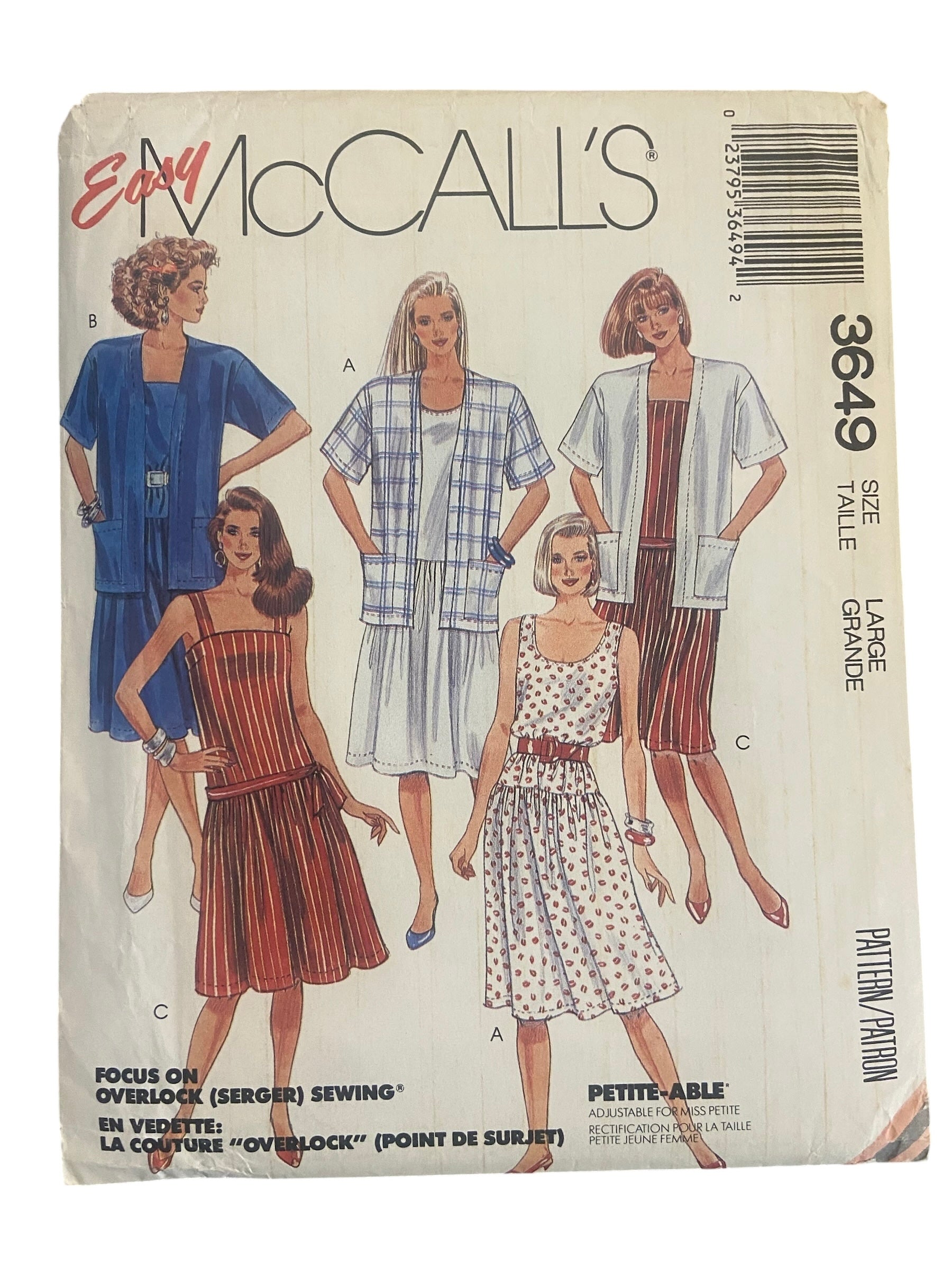 McCall’s 3649 1980s dress and jacket sewing pattern. Bust 40 and 42 inches