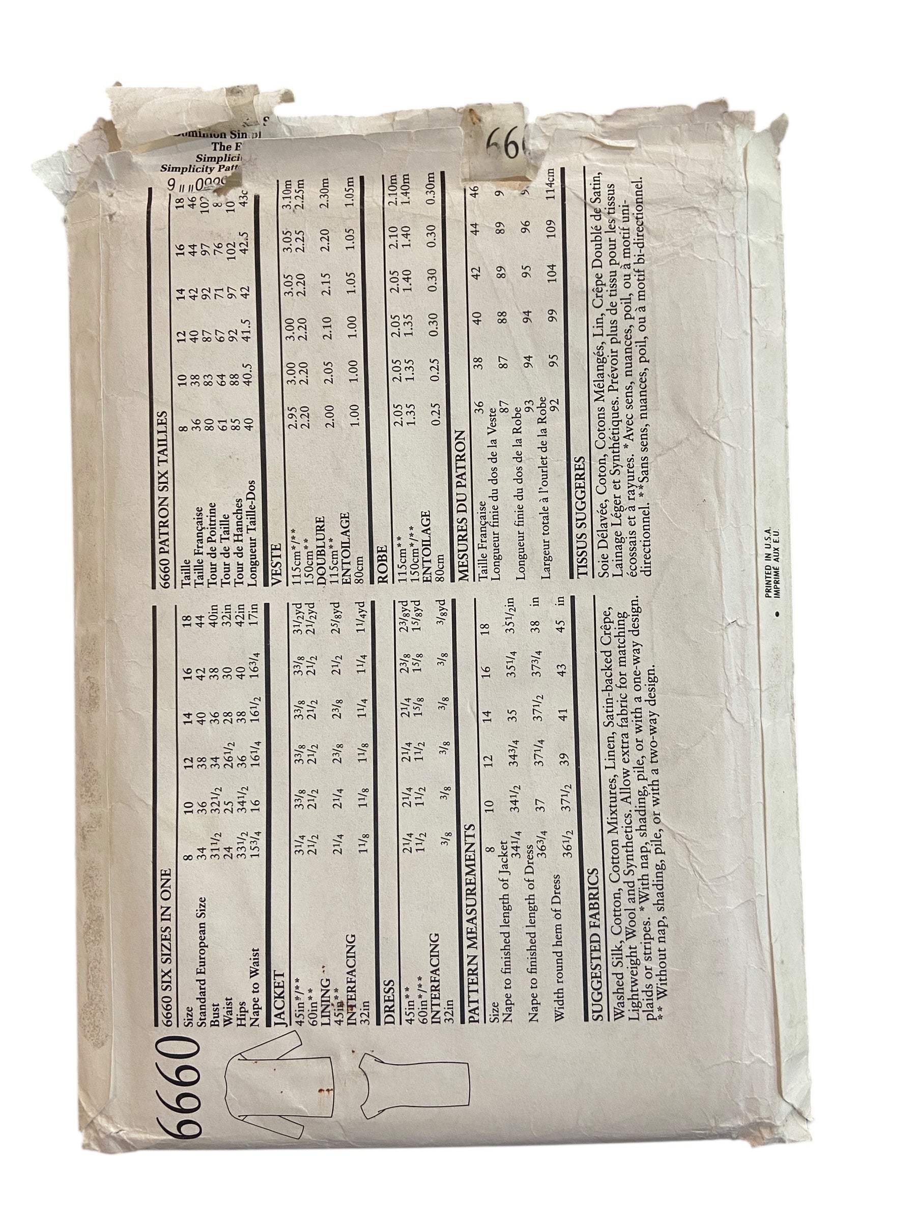 New Look 6660 vintage 1990s dress and jacket sewing pattern. Bust 34, 36, 38, 40, 42, 44 inches