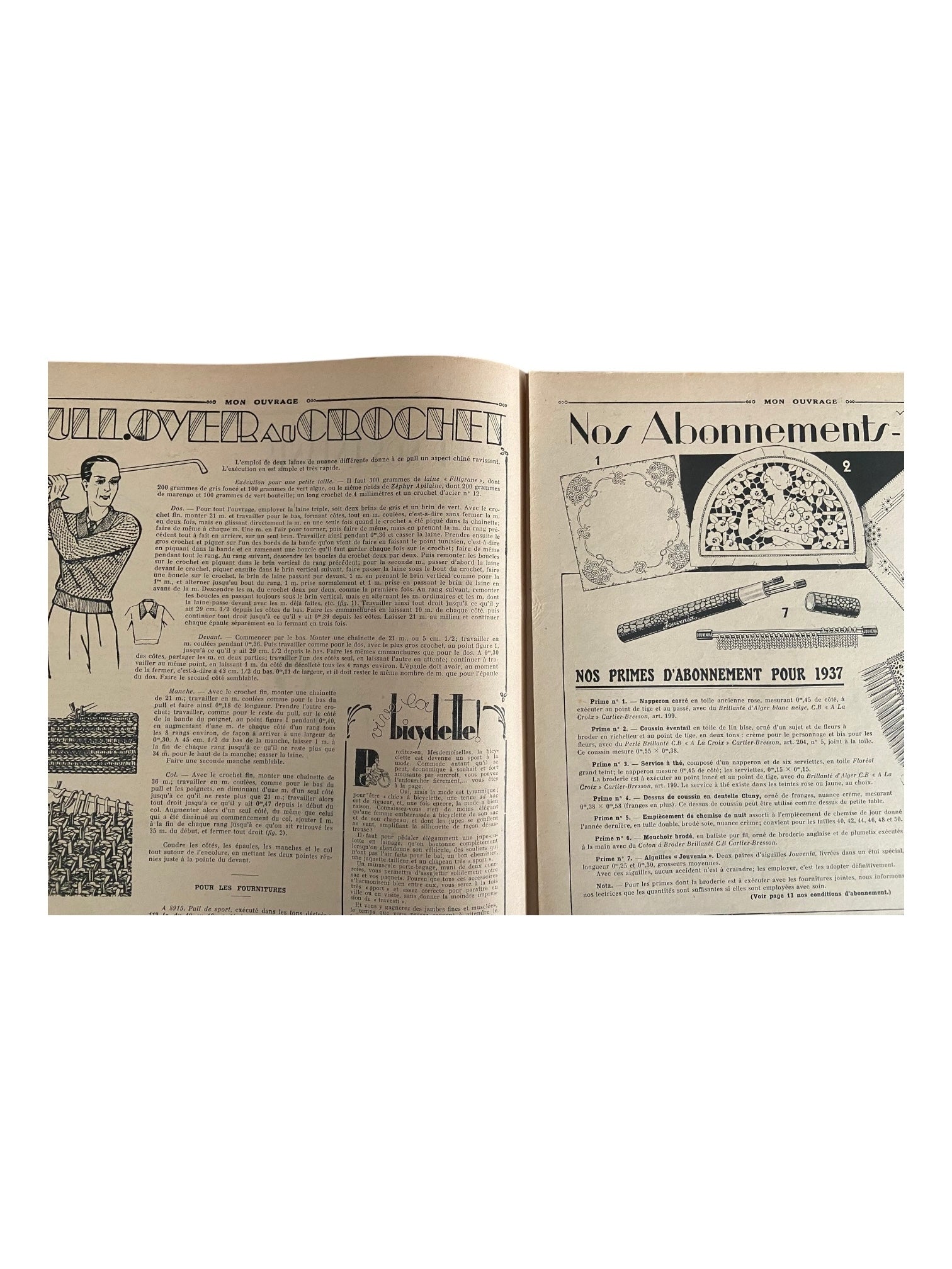 Mon Ouvrage 1 Octobre 1936 vintage French craft magazine with crochet patterns for a pegnoir, a golf jumper and a baby’s hat