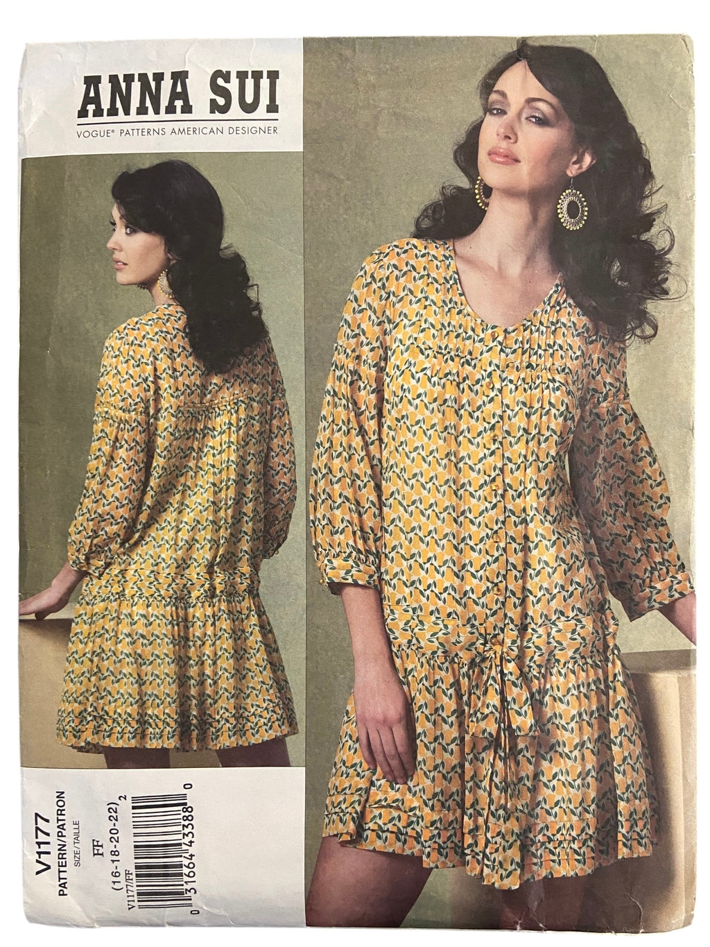 Vogue v1177 Vogue American Designer Anna Sui dress and slip sewing pattern from 2010 Bust 38, 40, 42, 44 inches