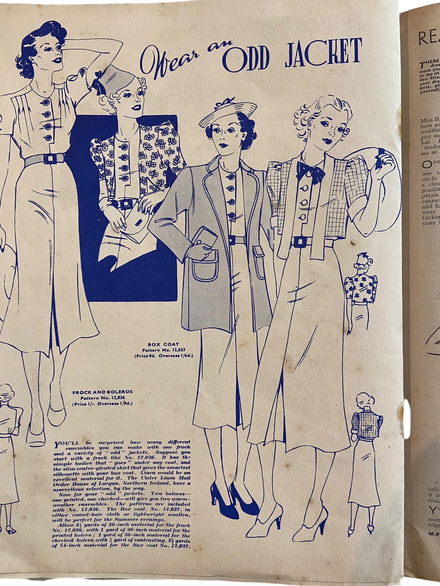 Mabs Fashions July 1937 with two dress sewing patterns, unused, factory folded. Bust 34 inches .