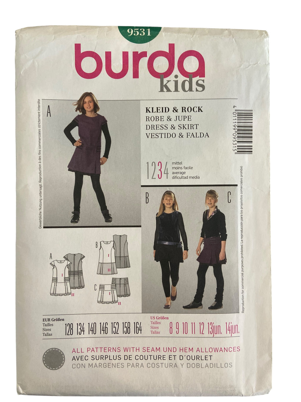 Burda kids 9531 child’s dress and skirt sewing pattern from the 2000s Sizes 8, 9, 10, 11, 12, 13, 14