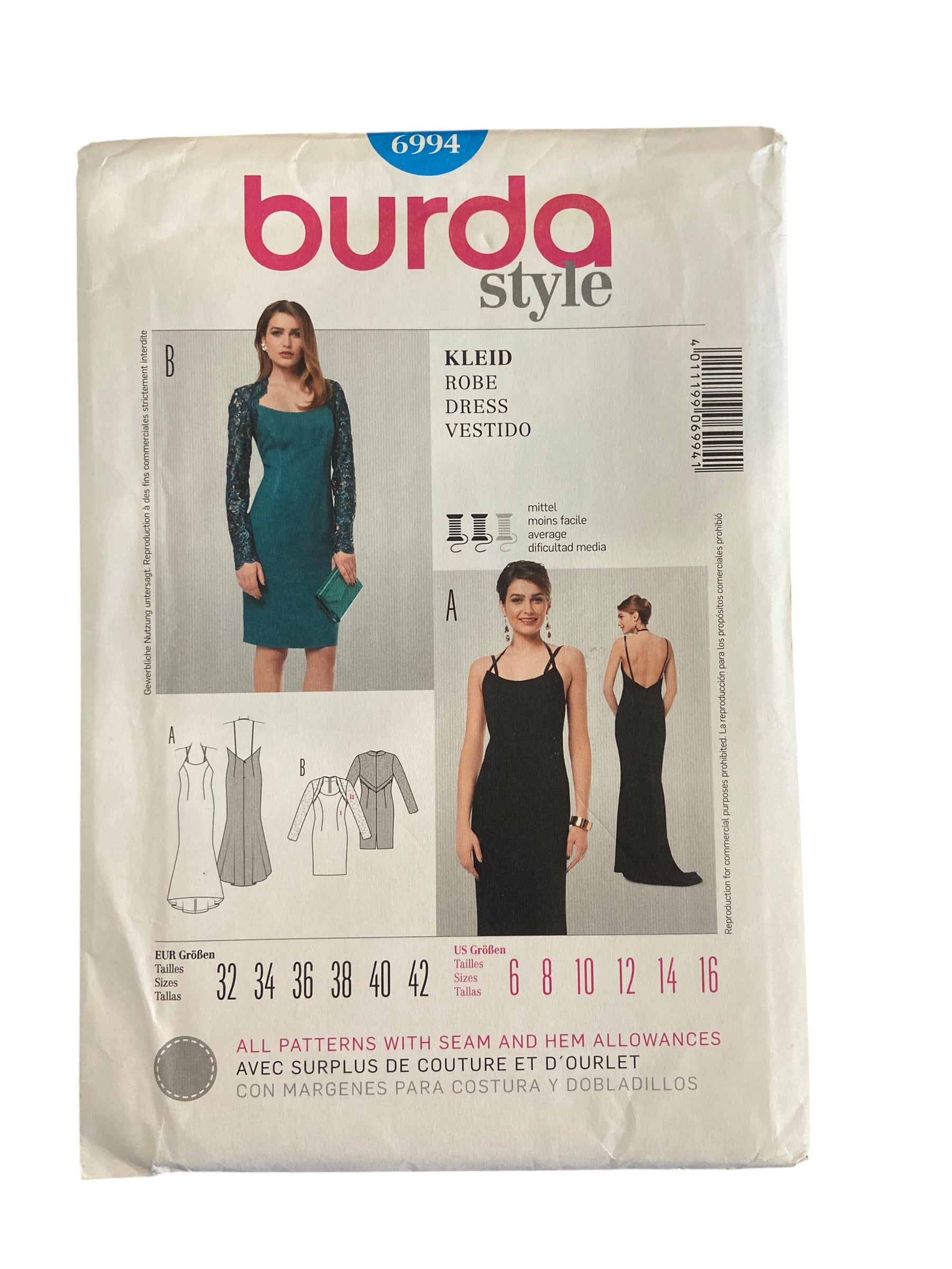 Burda style 6994  evening or wedding dress sewing pattern All size pattern US 6 - 16