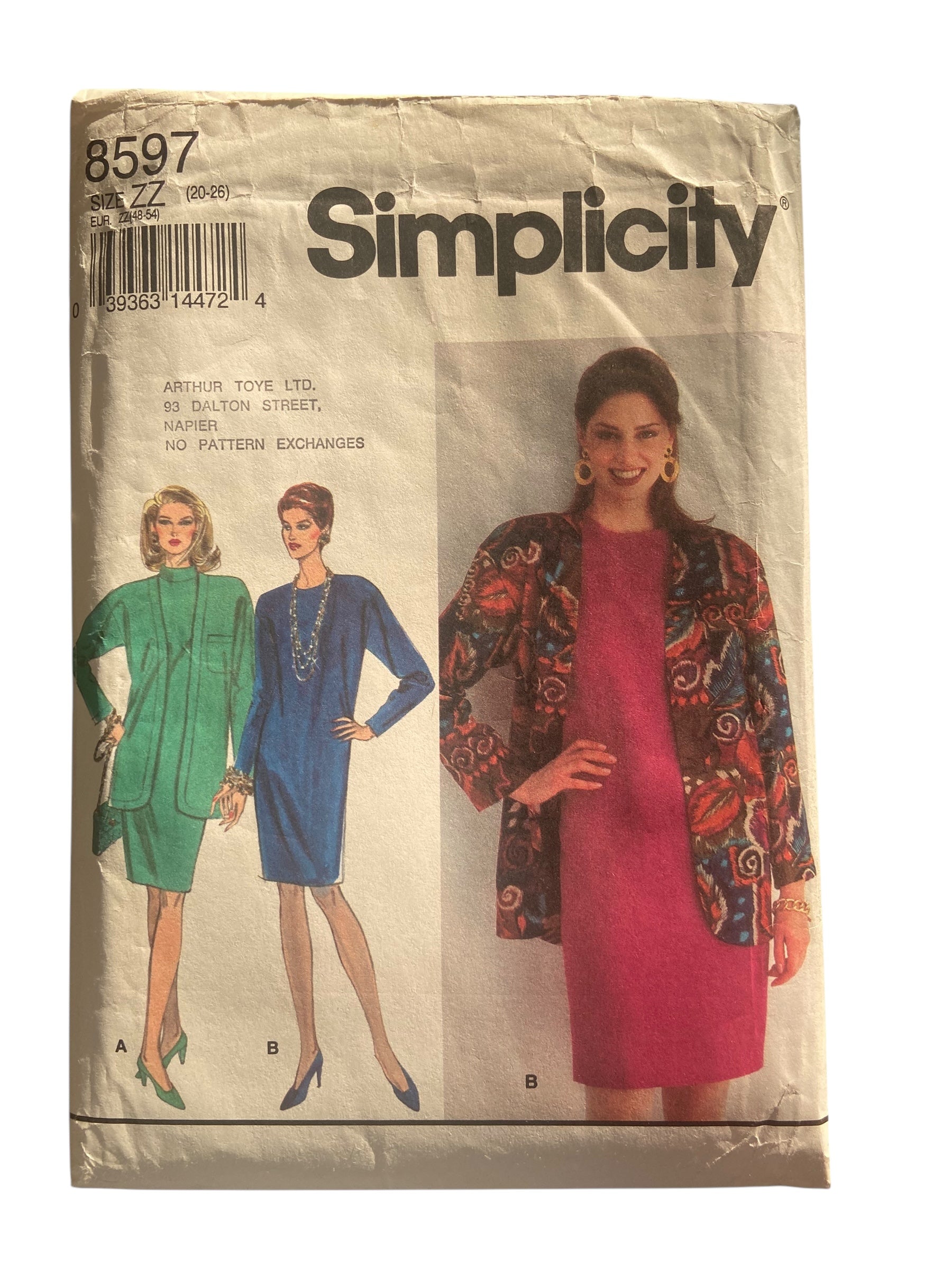 Simplicity 8597 vintage 1990s dress and jacket sewing pattern. Bust 42, 44, 46, 48