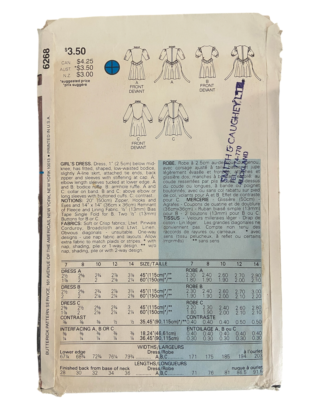Butterick 6268 vintage 1980s designer Belle France child's dress sewing pattern. Size, 7, 8, 10. Breast 26, 27, 28.5 inches.