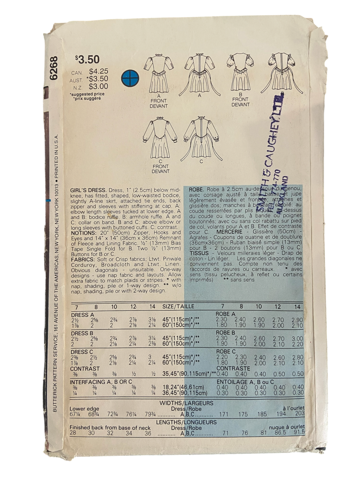 Butterick 6268 vintage 1980s designer Belle France child's dress sewing pattern. Size, 7, 8, 10. Breast 26, 27, 28.5 inches.