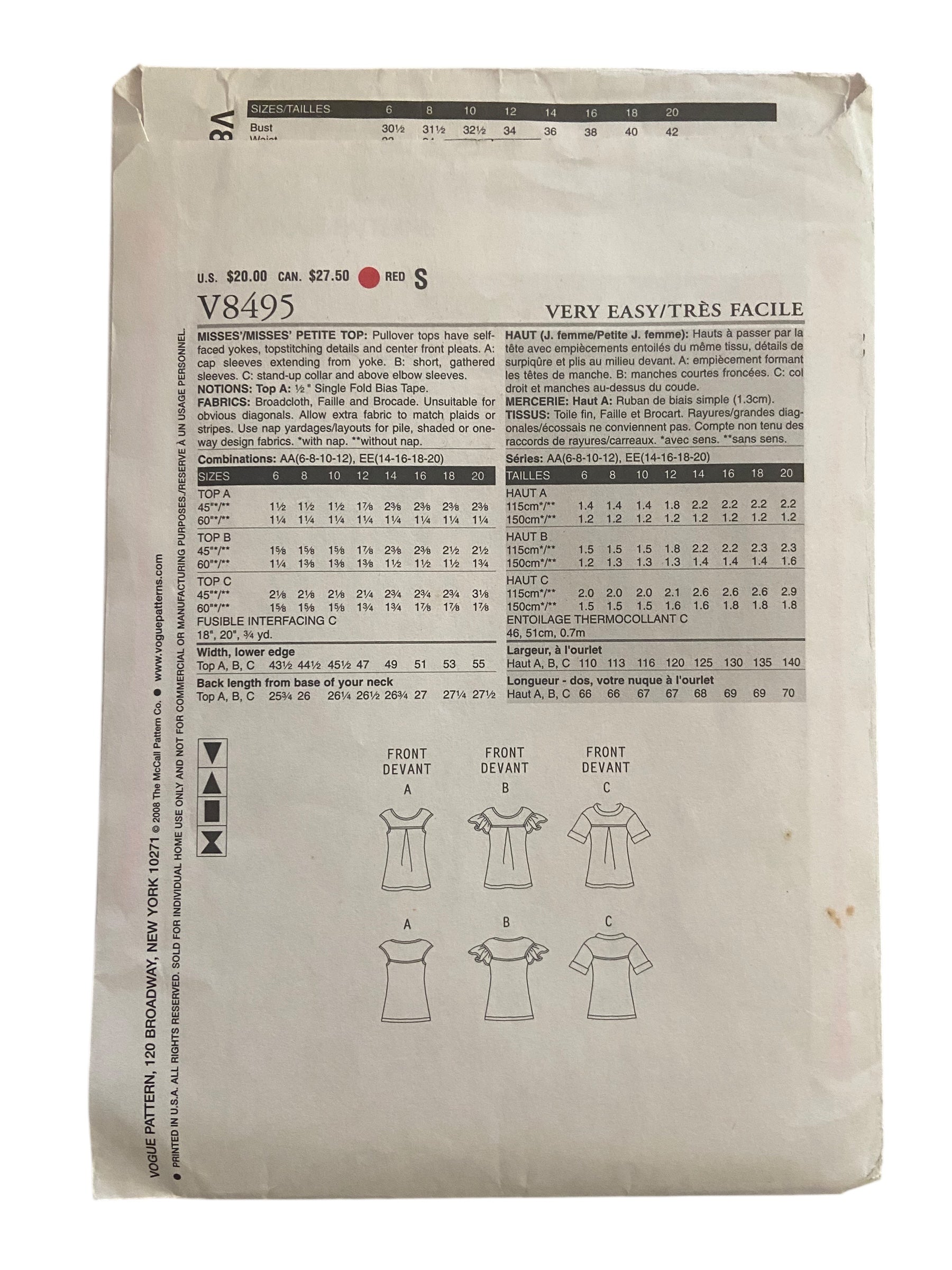 Vogue v8495 vintage 2000s top sewing pattern. Bust 30.5, 31.5, 32.5, 34 inches