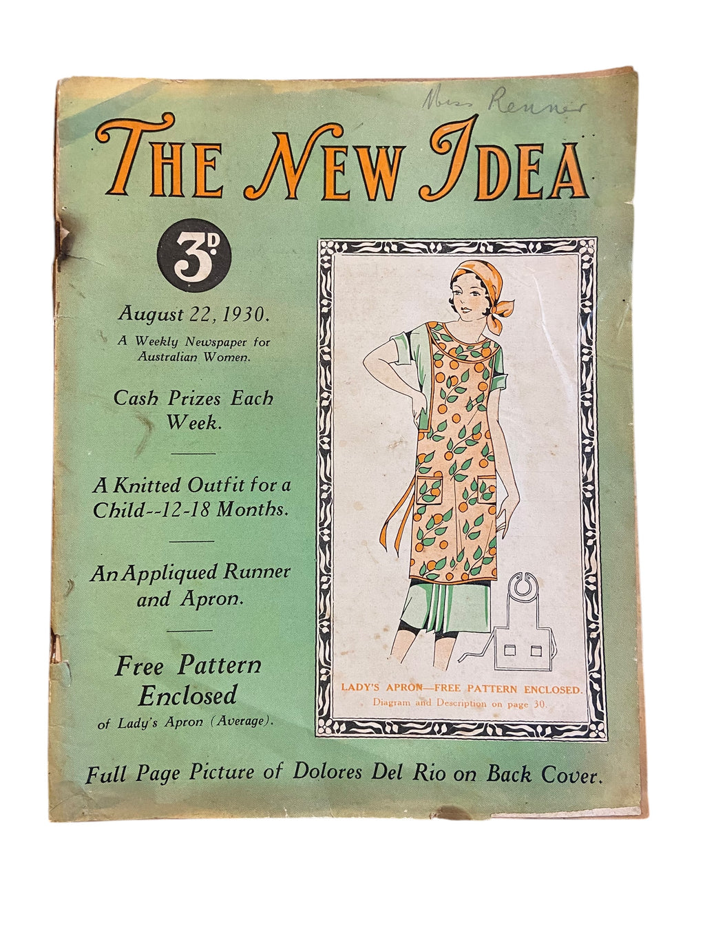 The New Idea Magazine . A weekly paper for Australian and New Zealand Women. August 22 1930 with sewing pattern unused, factory folded, lady’s apron.
