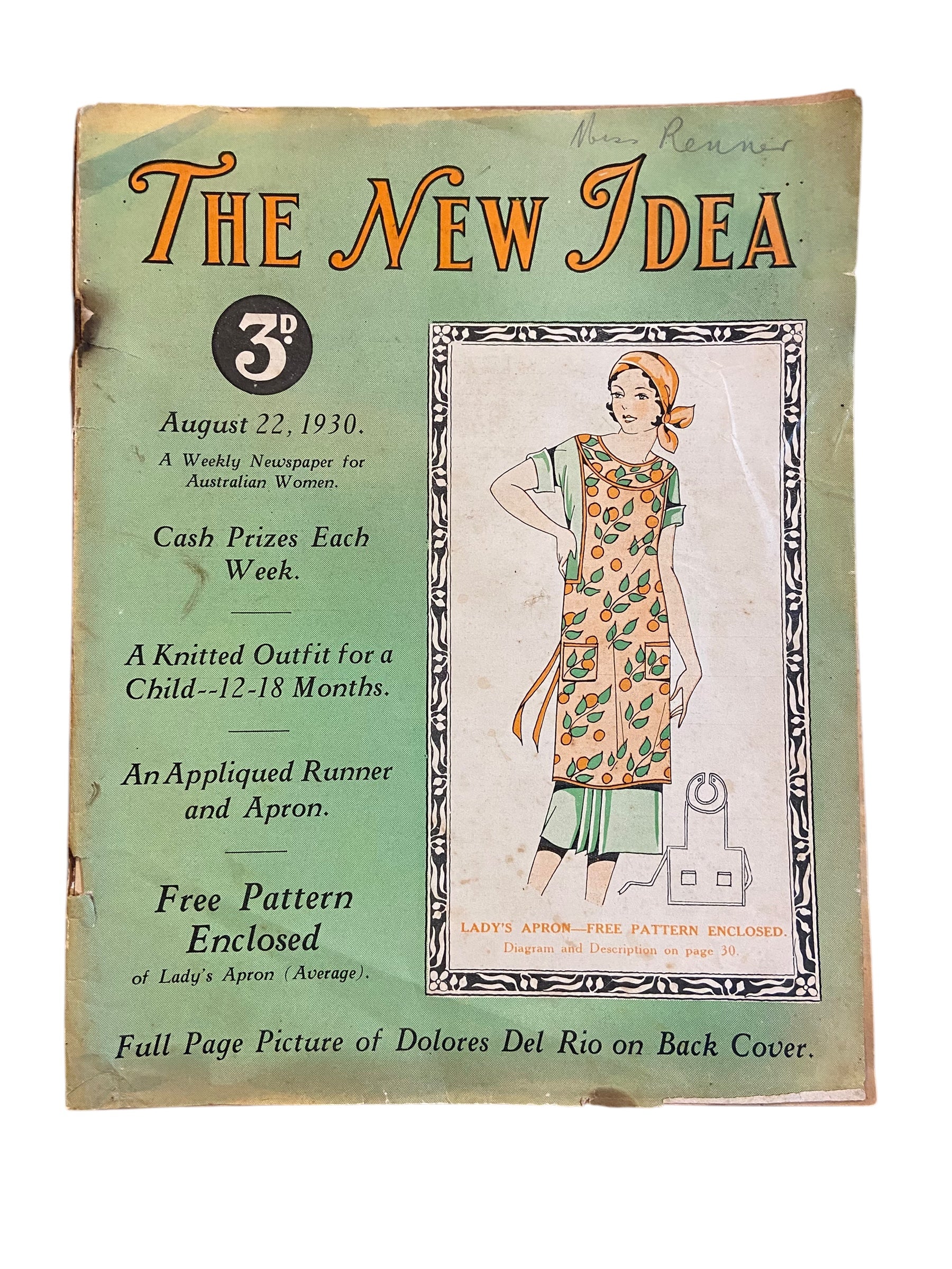 The New Idea Magazine . A weekly paper for Australian and New Zealand Women. August 22 1930 with sewing pattern unused, factory folded, lady’s apron.