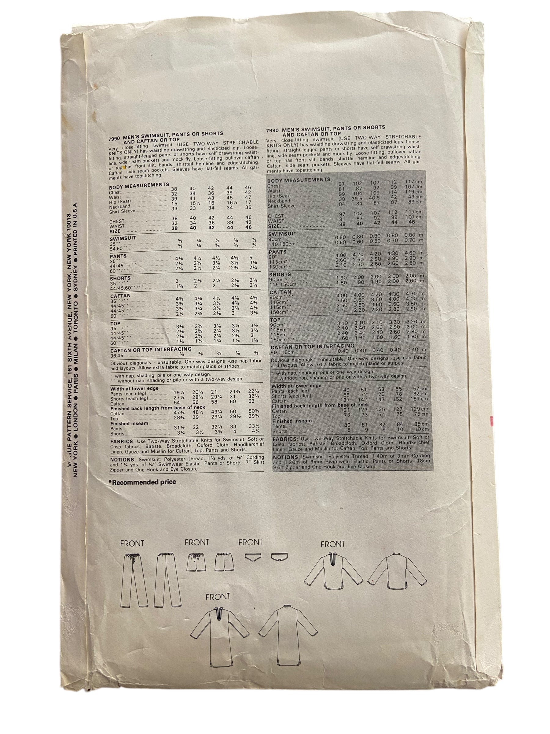 Vogue 7990 vintage 1990s men's swimsuit, pants or shorts, caftan or top sewing pattern. Chest 40 inches.