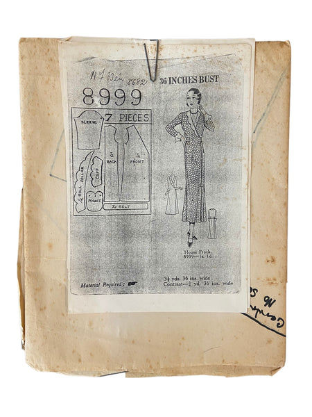 Home Journal is 8999 vintage 1930s house dress UNPRINTED sewing pattern Bust 36 inches