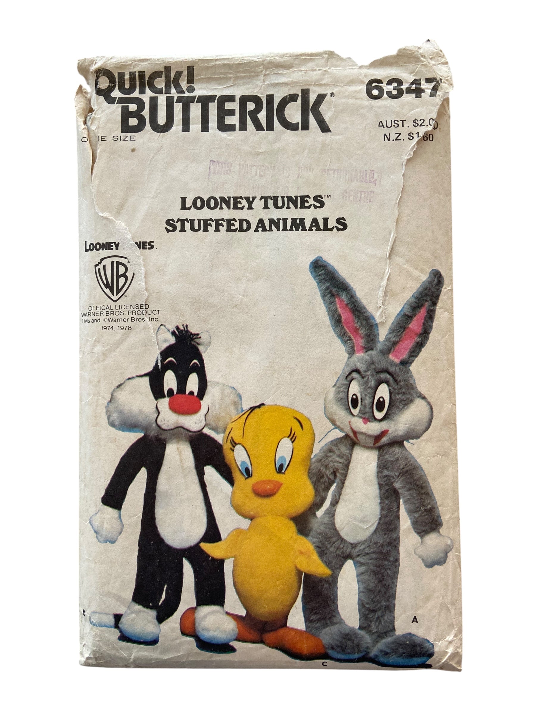 Butterick 6347 vintage 1980s looney tunes stuffed animals sewing pattern