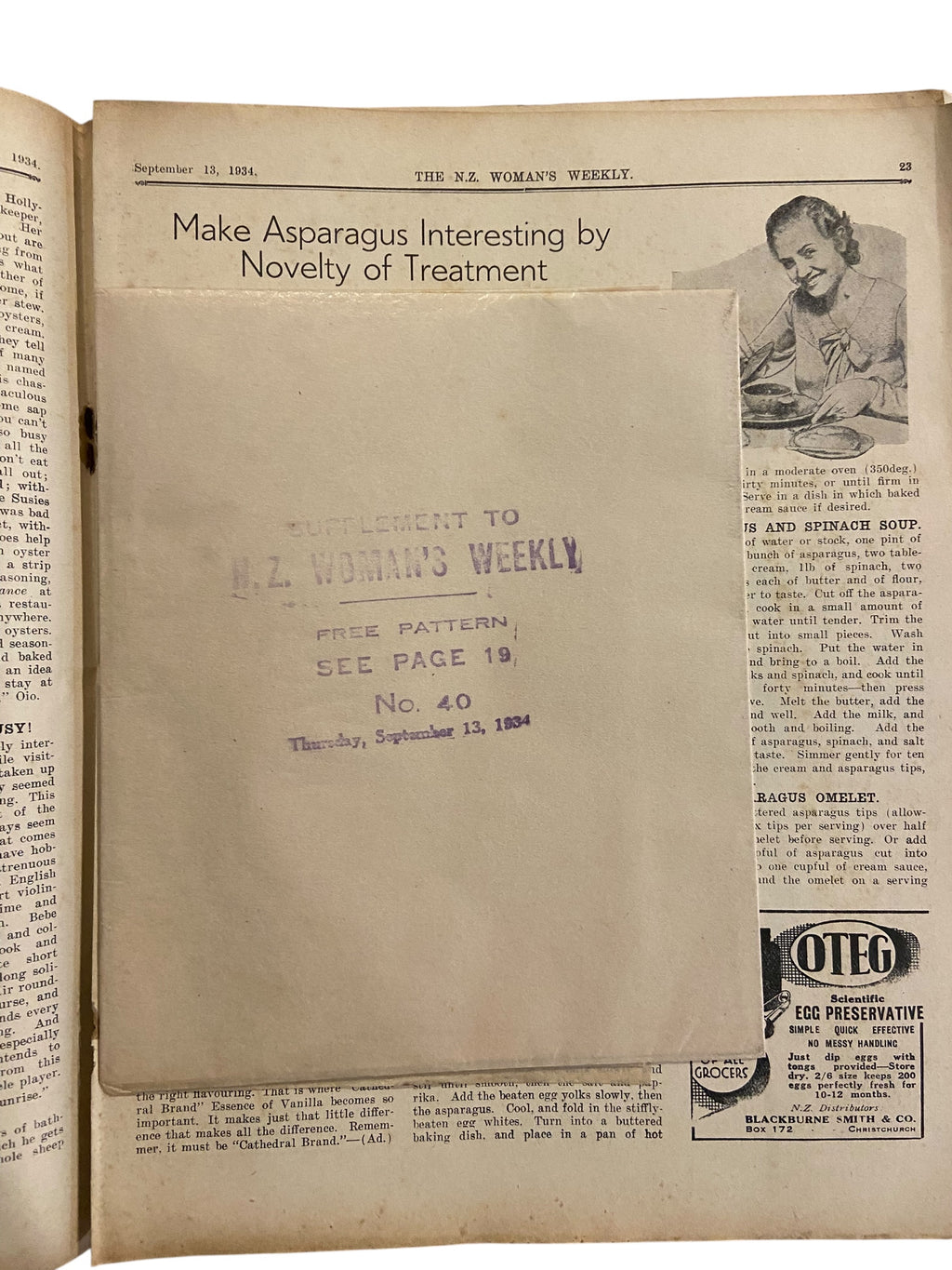 New Zealand Woman’s Weekly September 13 1934 with a sewing pattern, unused, factory folded, ladies maternity frock (attractive and simple maternity frock), bust 36 inches