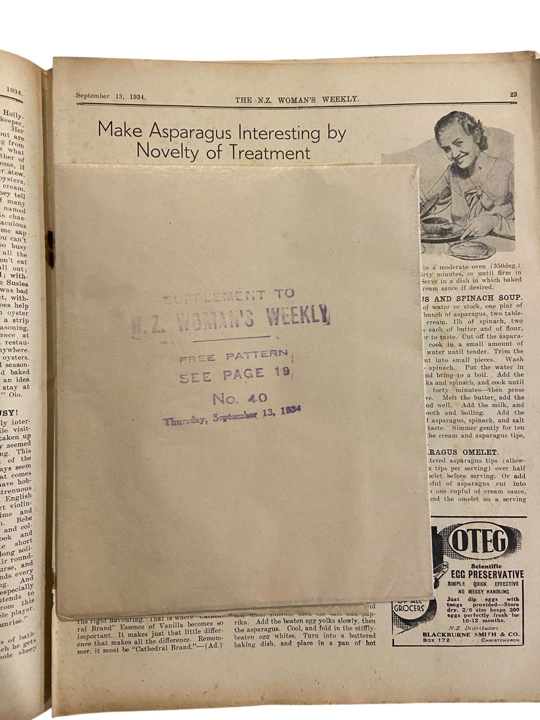New Zealand Woman’s Weekly September 13 1934 with a sewing pattern, unused, factory folded, ladies maternity frock (attractive and simple maternity frock), bust 36 inches