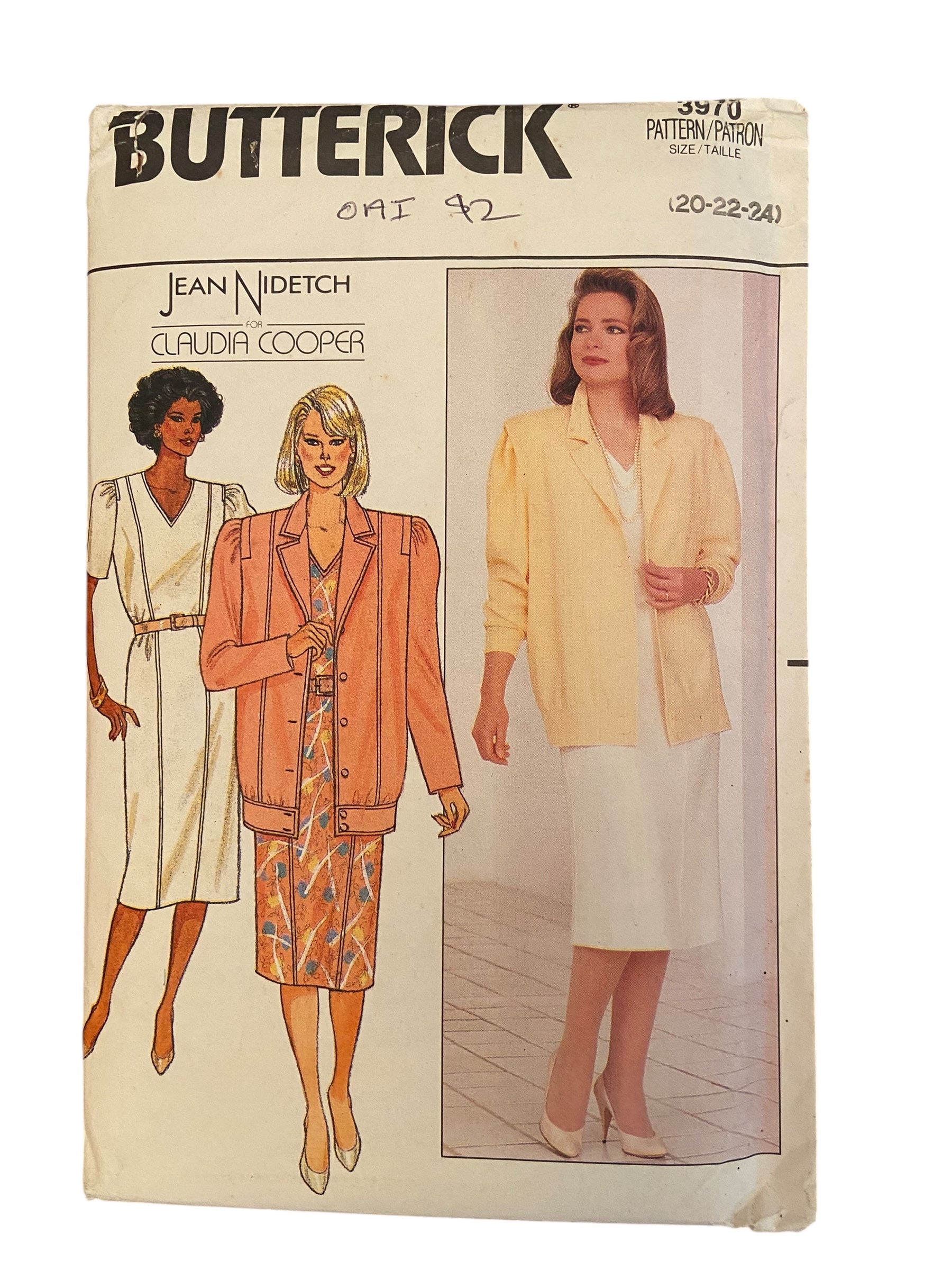 Butterick 3970 vintage 1980s jacket and dress sewing pattern. Bust 42, 44, 46 inches