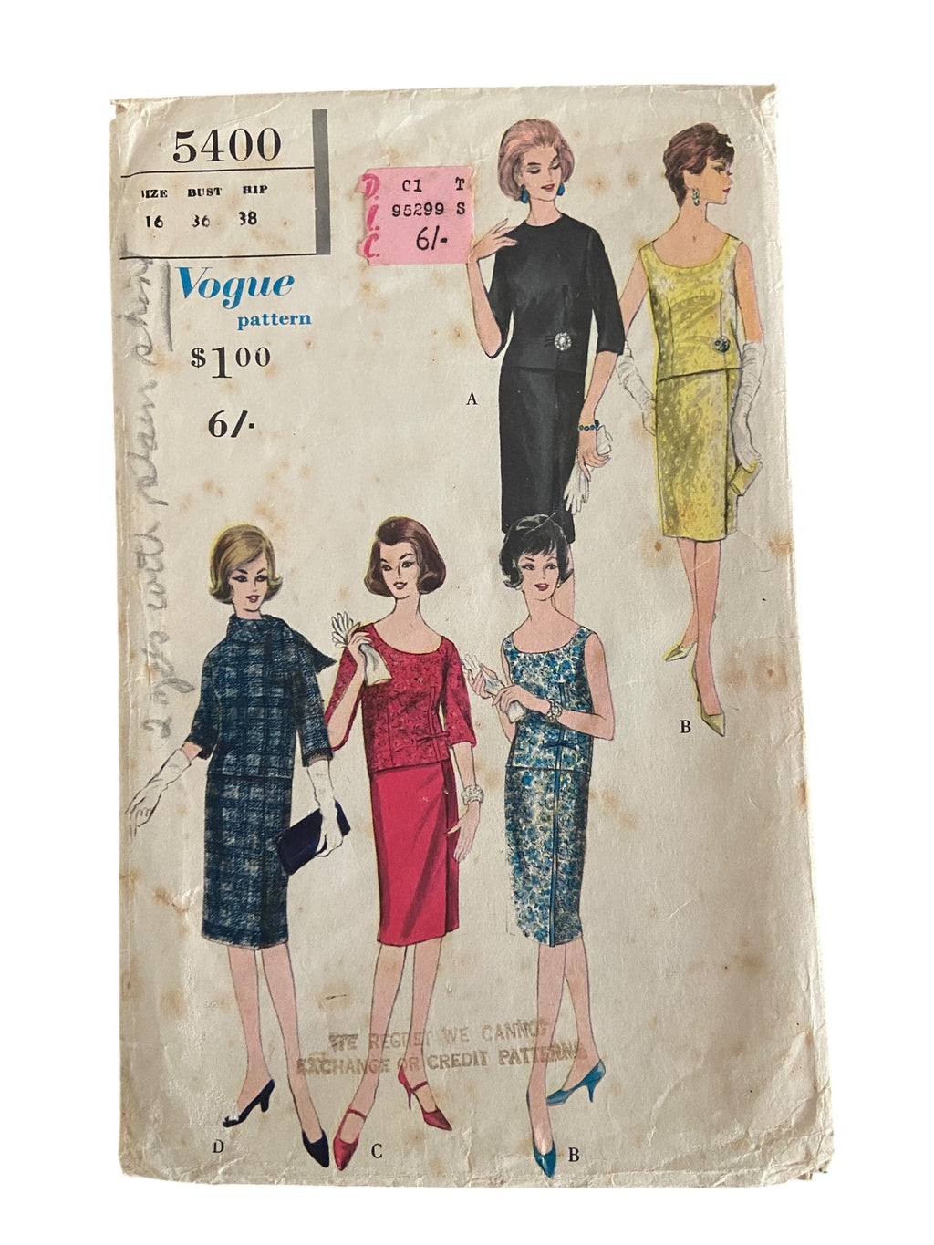 Vintage 1960s Vogue 5400 two piece dress sewing pattern Bust 36 inches