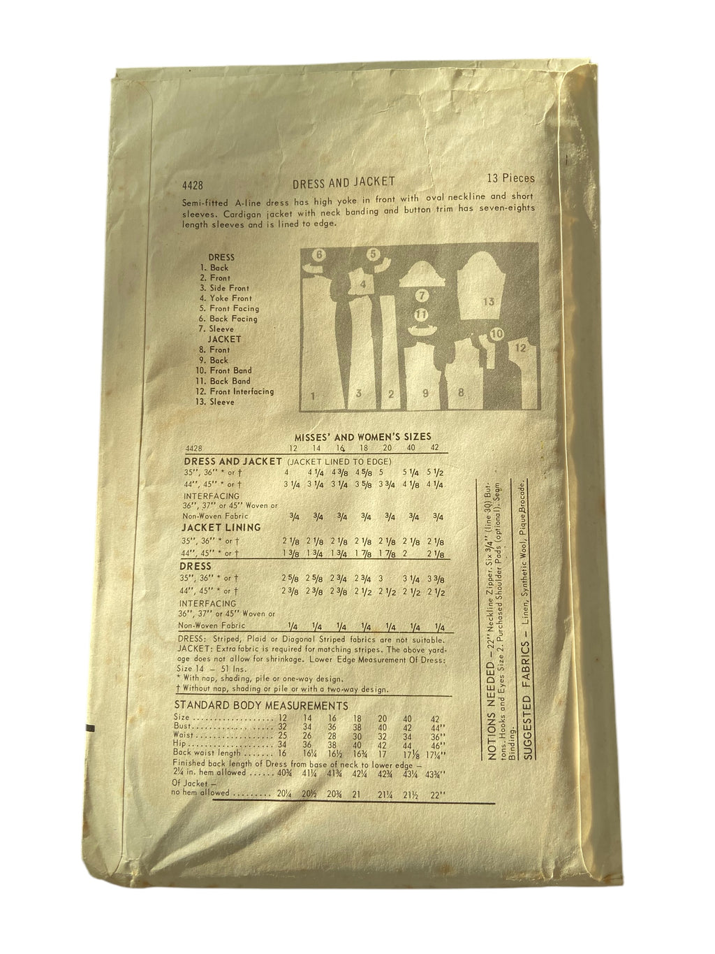 Butterick 4428 vintage 1960s dress and jacket sewing pattern Bust 38 inches