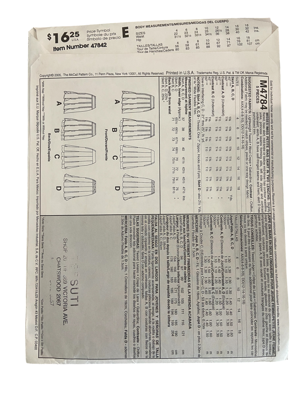 McCall's M4784 bias cut skirt in two lengths sewing pattern. Waist 26.5, 28, 30, 32 inches