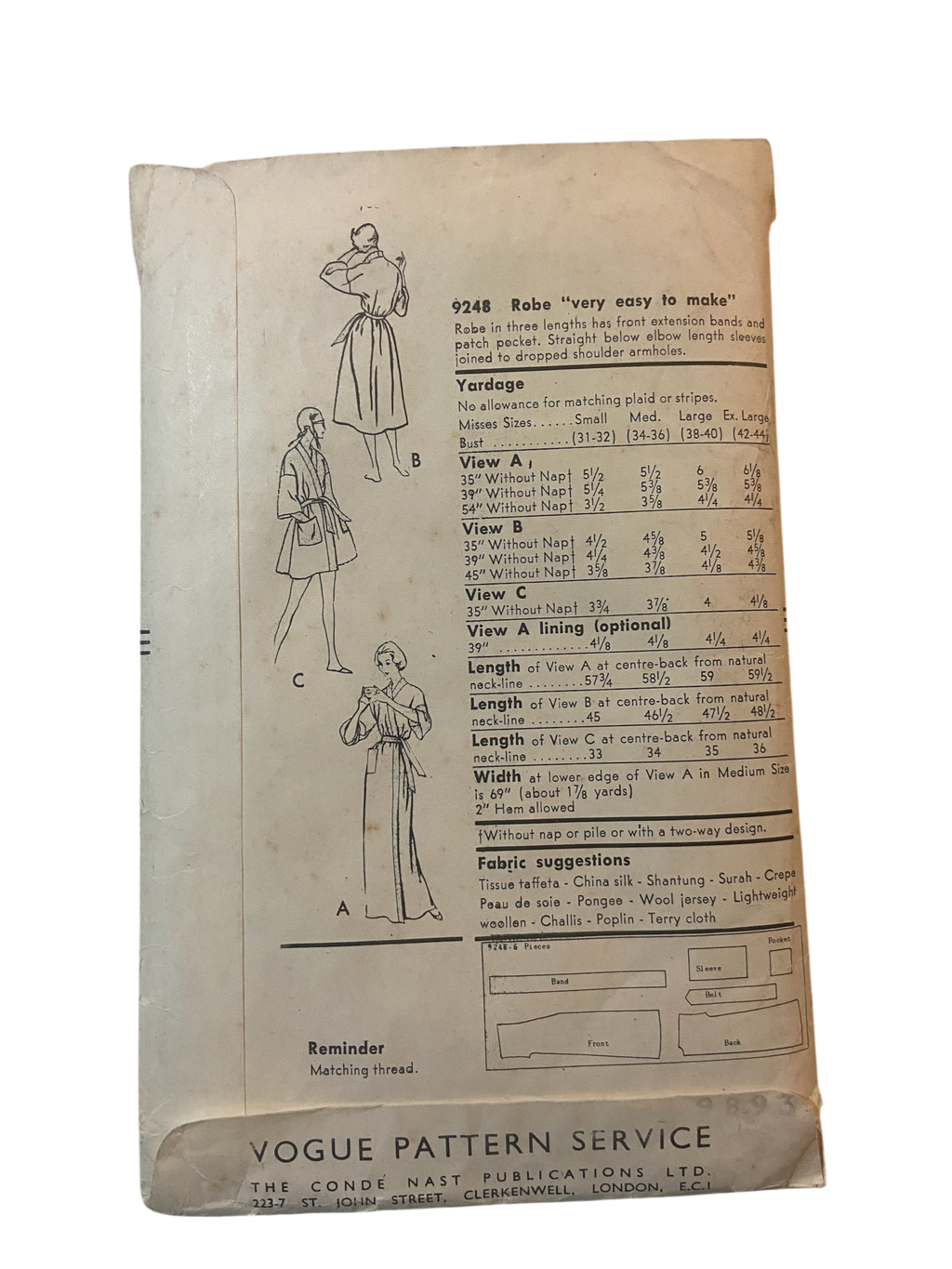 Vogue 9248 vintage 1950s dressing gown robe sewing pattern. Bust 34-36 inches