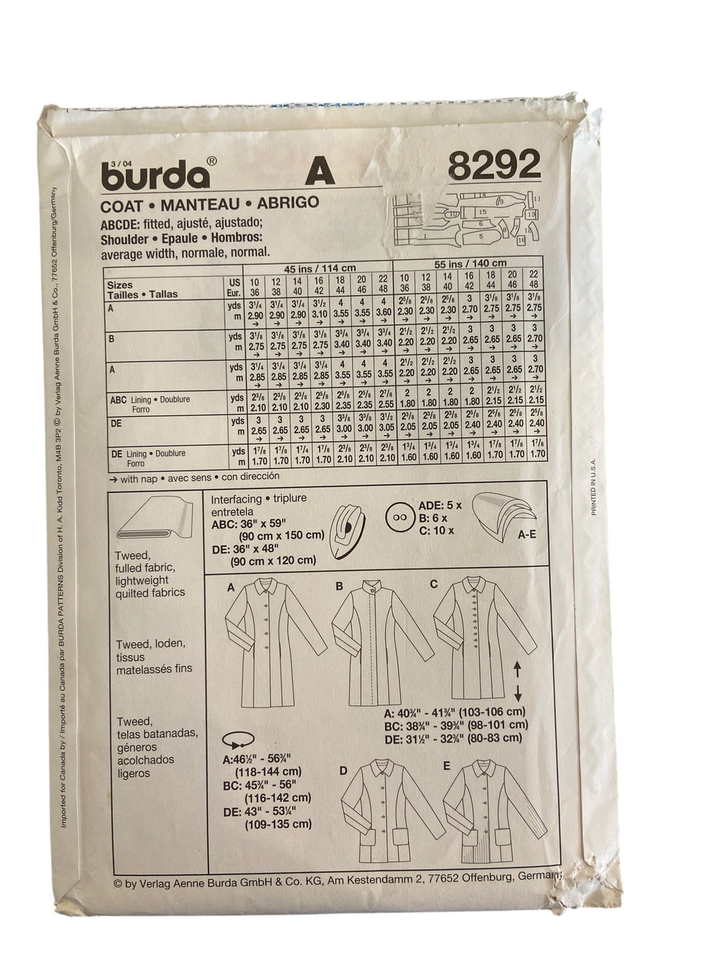 Burda 8292 coat sewing pattern. Sizes US 10 - 22