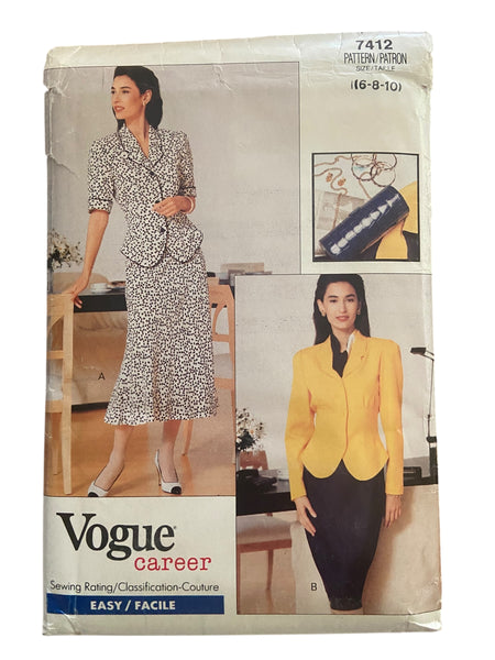 Vogue 7412 vintage 1980s career top and skirt sewing pattern. Bust 30.5, 31.5, 32.5 inches