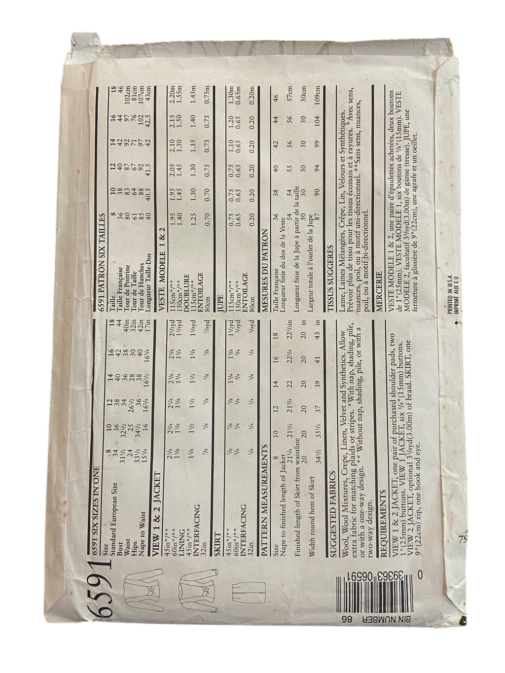 New Look 6254 vintage 1980s skirt, jacket and pants sewing pattern Bust 34 to 44 inches