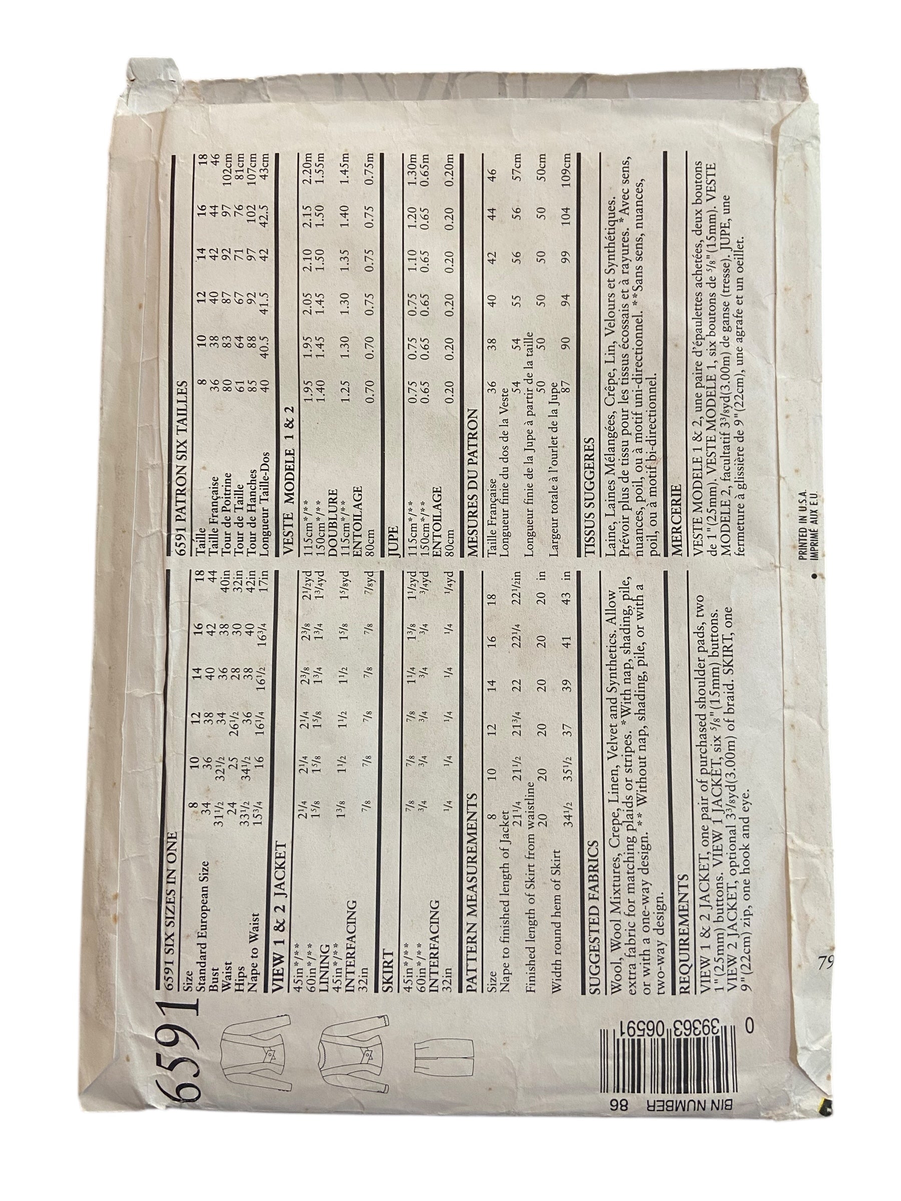 New Look 6254 vintage 1980s skirt, jacket and pants sewing pattern Bust 34 to 44 inches