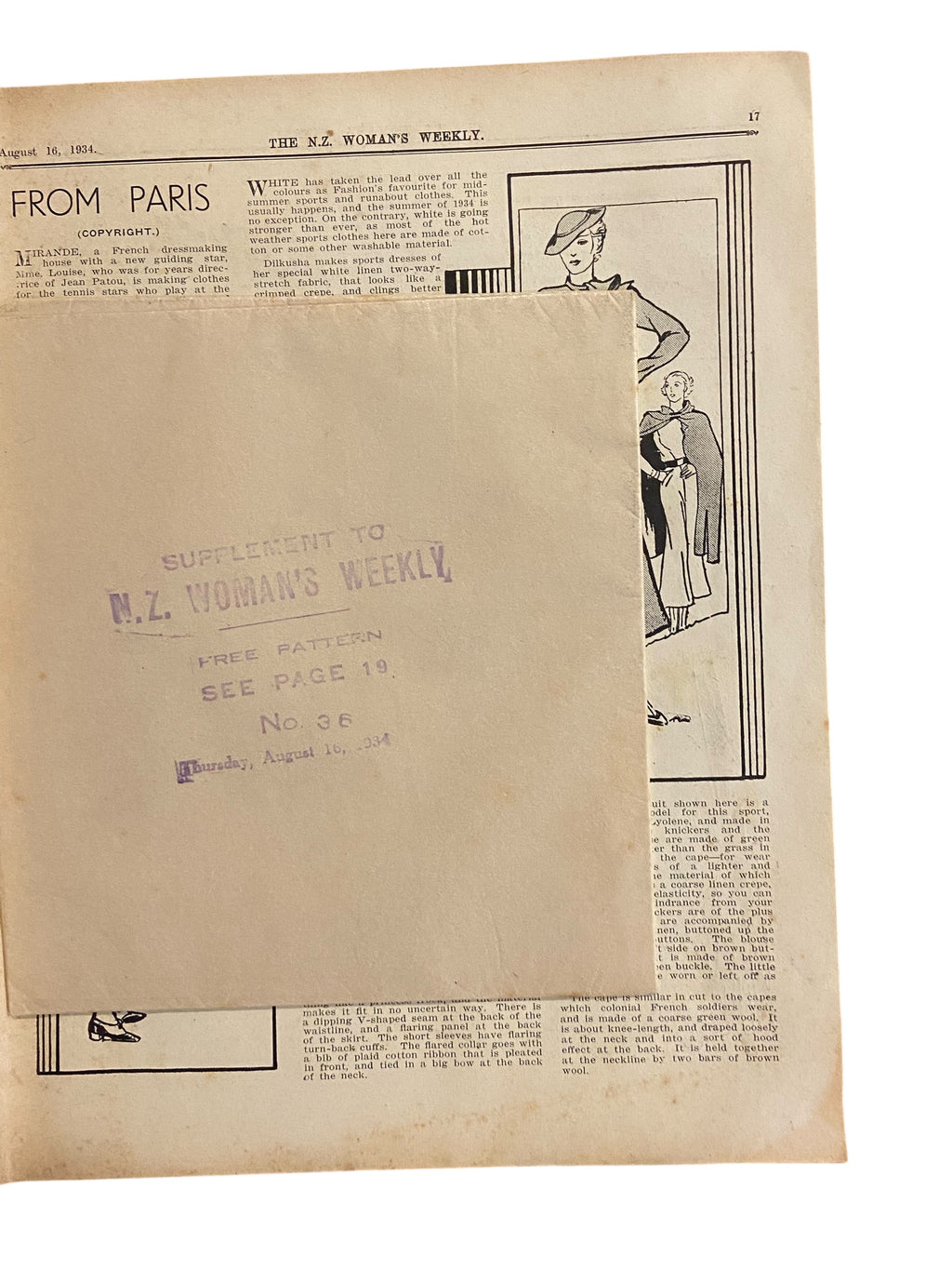 New Zealand Woman’s Weekly August 16 1934 with a sewing pattern, unused, factory folded, ladies frock (attractive frock for the matron), bust 36 inches
