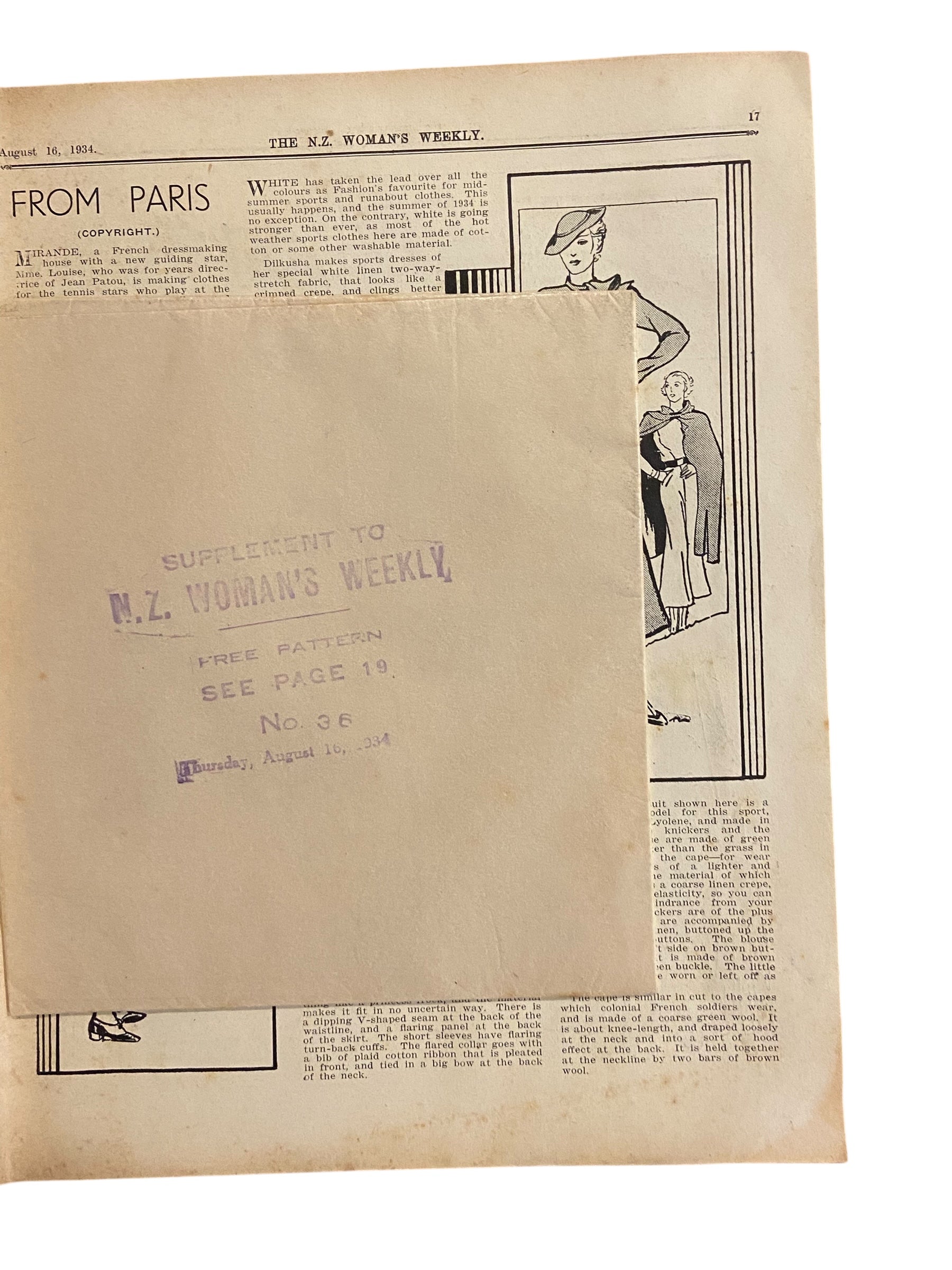 New Zealand Woman’s Weekly August 16 1934 with a sewing pattern, unused, factory folded, ladies frock (attractive frock for the matron), bust 36 inches