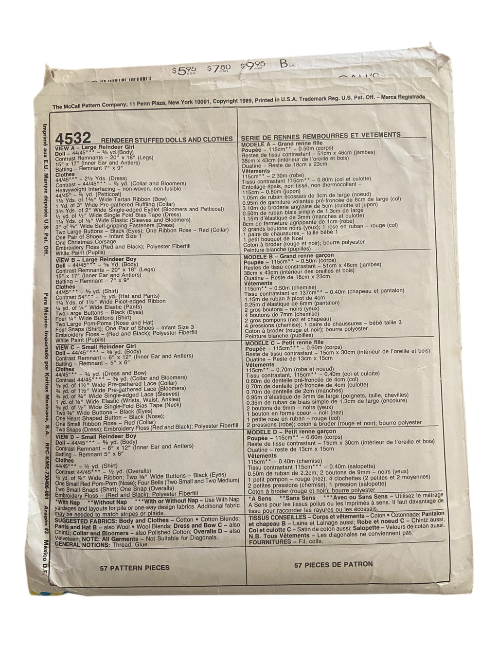 McCall’s 4532 vintage 1980s Christmas Craft reindeer dolls and clothes sewing pattern