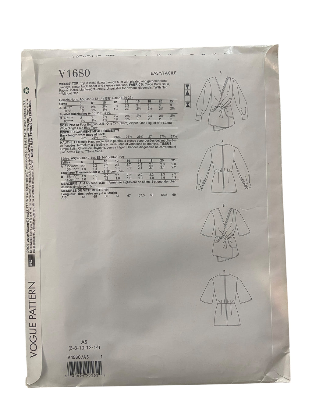 Vogue v1680 tops sewing pattern. Bust 30.5, 31.5, 32.5, 34, 36 inches