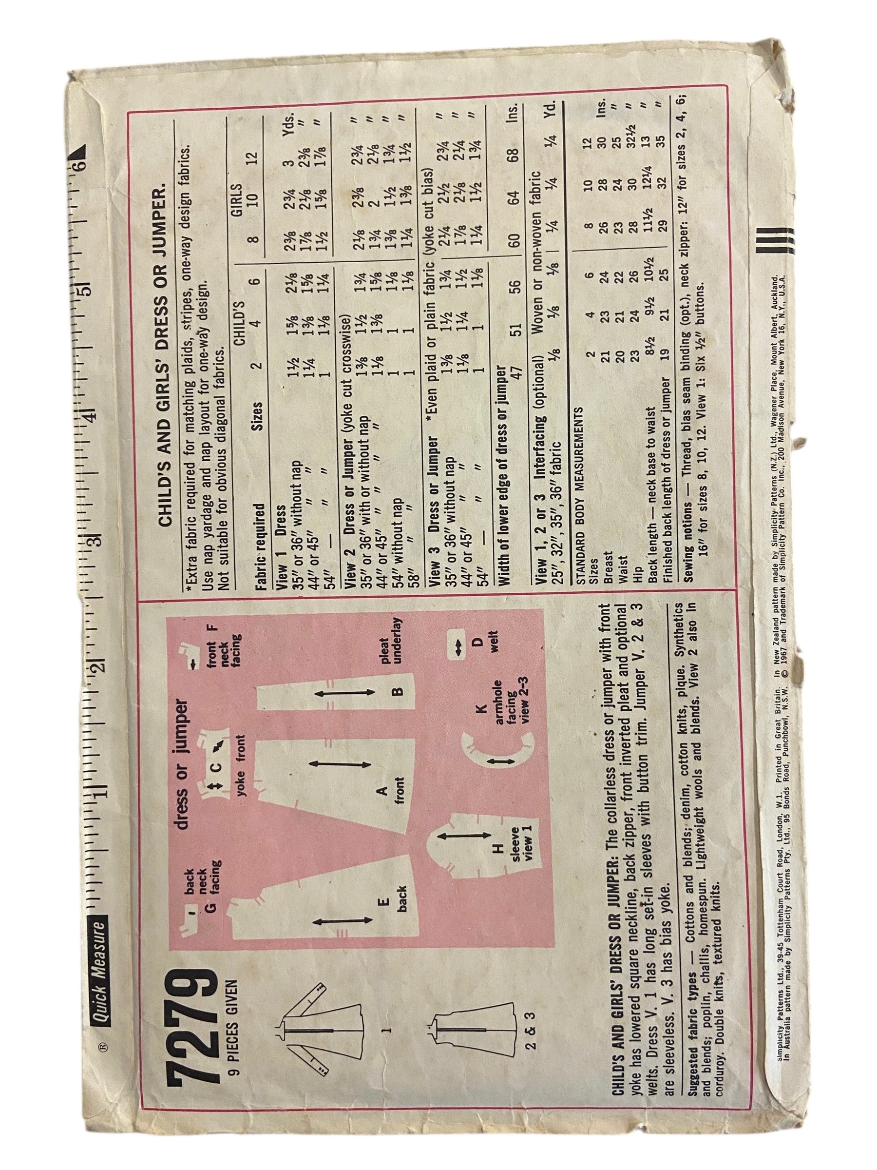 Simplicity 7279 vintage 1960s child's dress or jumper sewing pattern Size 8 Breast 26 inches