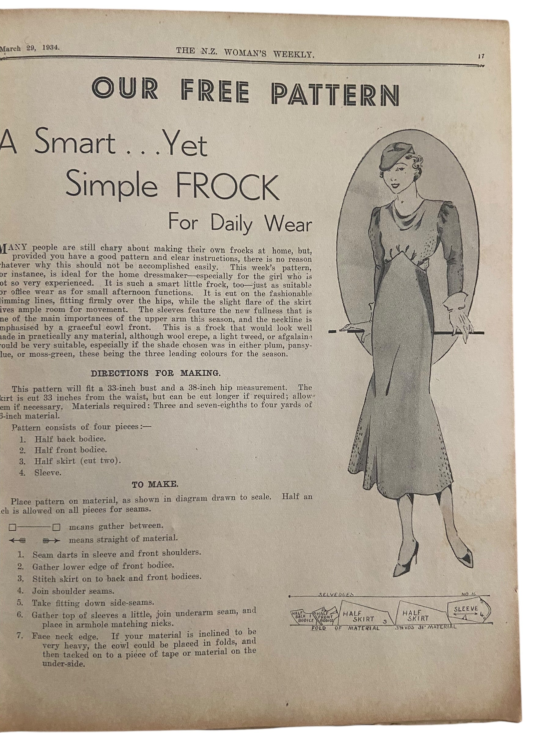 New Zealand Woman’s Weekly  March 29 1934 with a sewing pattern, unused, factory folded, frocks bust 33 inches