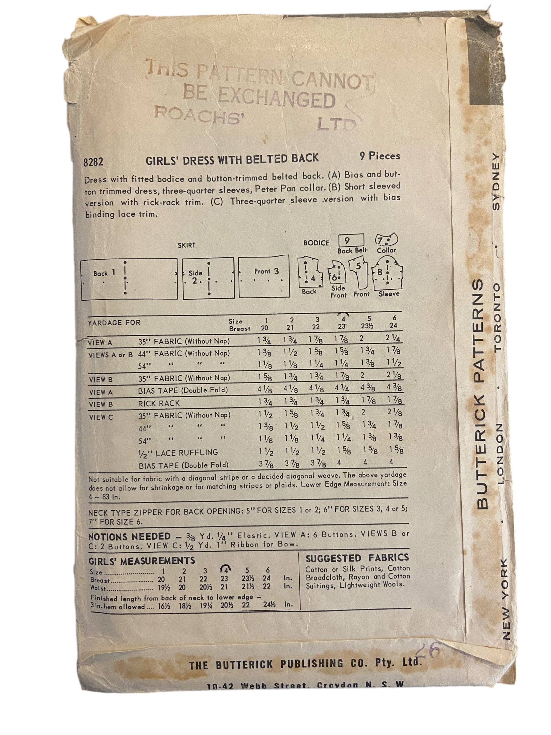 Butterick 8282 vintage 1950s vintage 1950s child's dress sewing pattern. Size 4