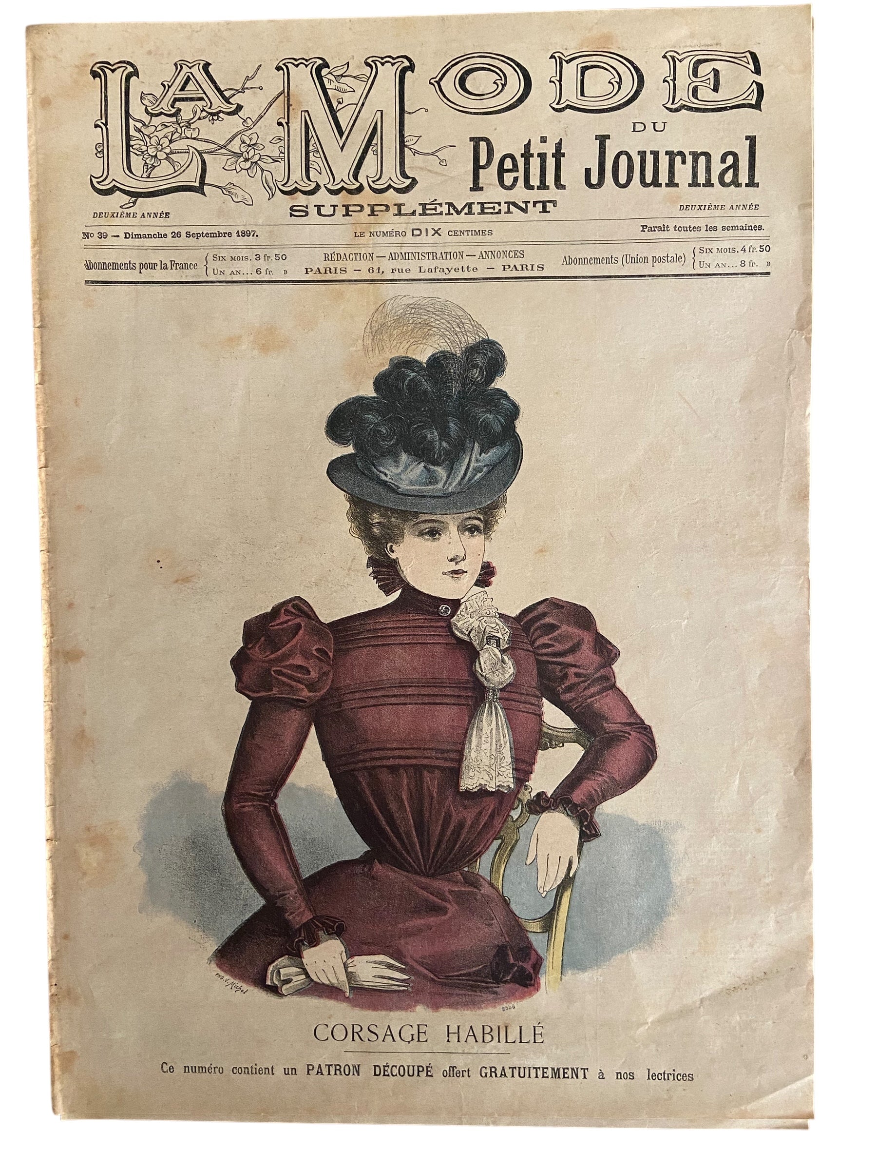La Mode du Petit Journal 26 Septembre 1897 French women’s magazine with a sewing pattern for a leg of mutton sleeve included