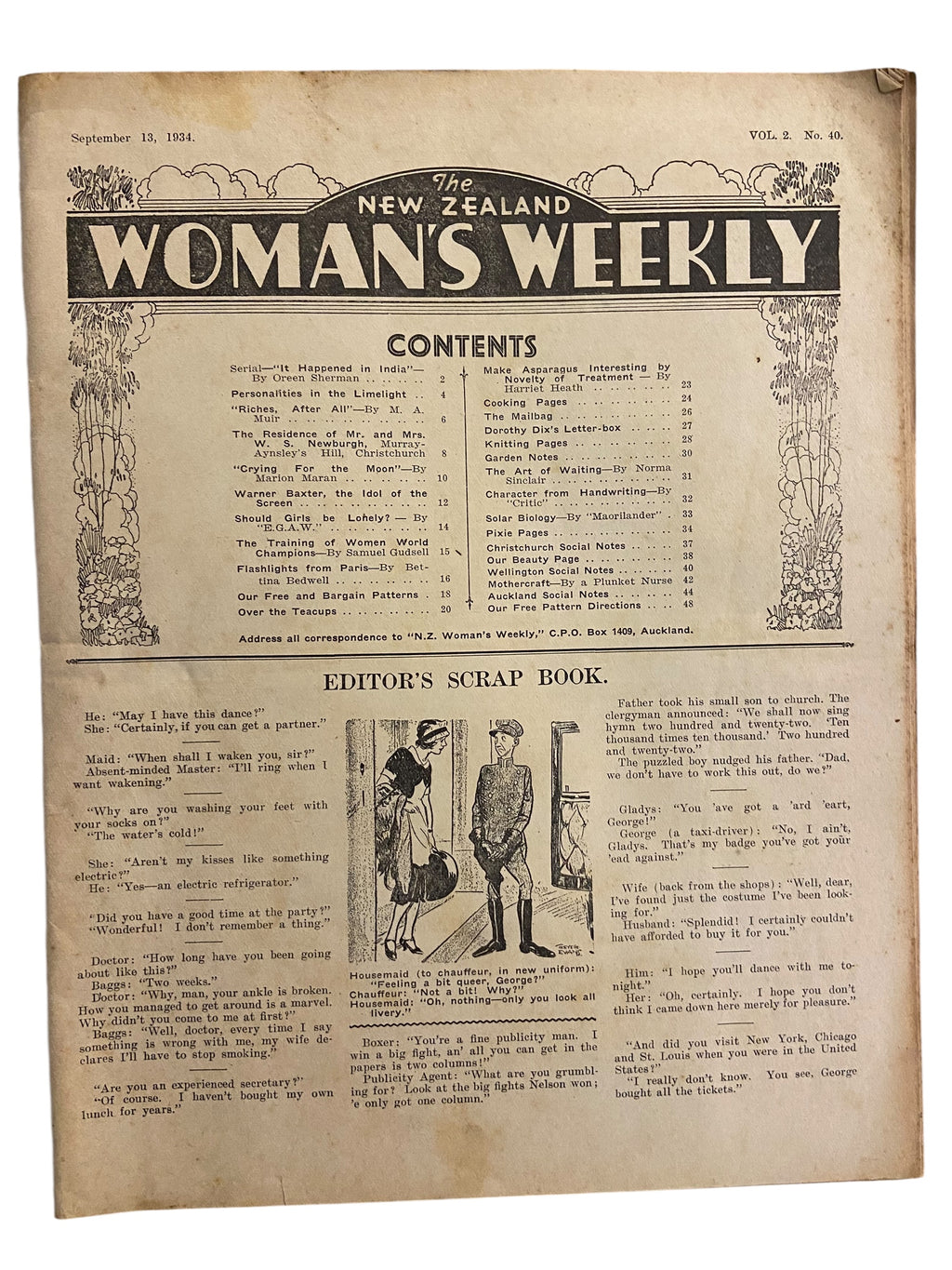 New Zealand Woman’s Weekly September 13 1934 with a sewing pattern, unused, factory folded, ladies maternity frock (attractive and simple maternity frock), bust 36 inches