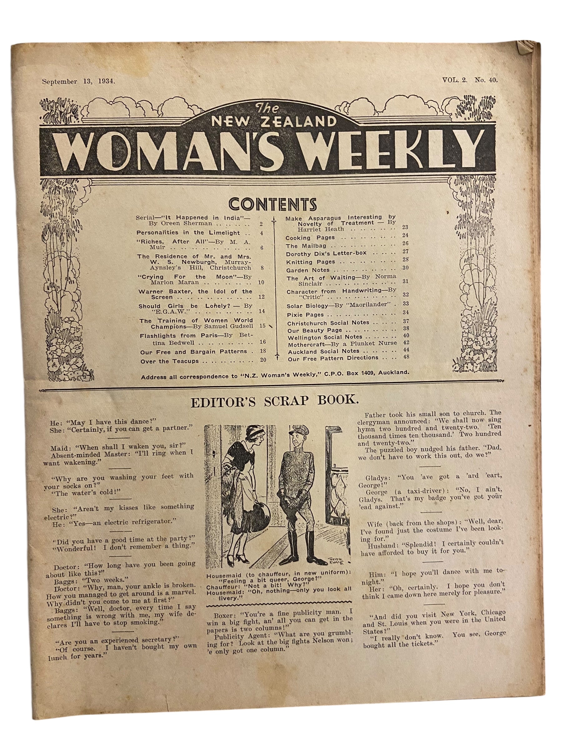 New Zealand Woman’s Weekly September 13 1934 with a sewing pattern, unused, factory folded, ladies maternity frock (attractive and simple maternity frock), bust 36 inches