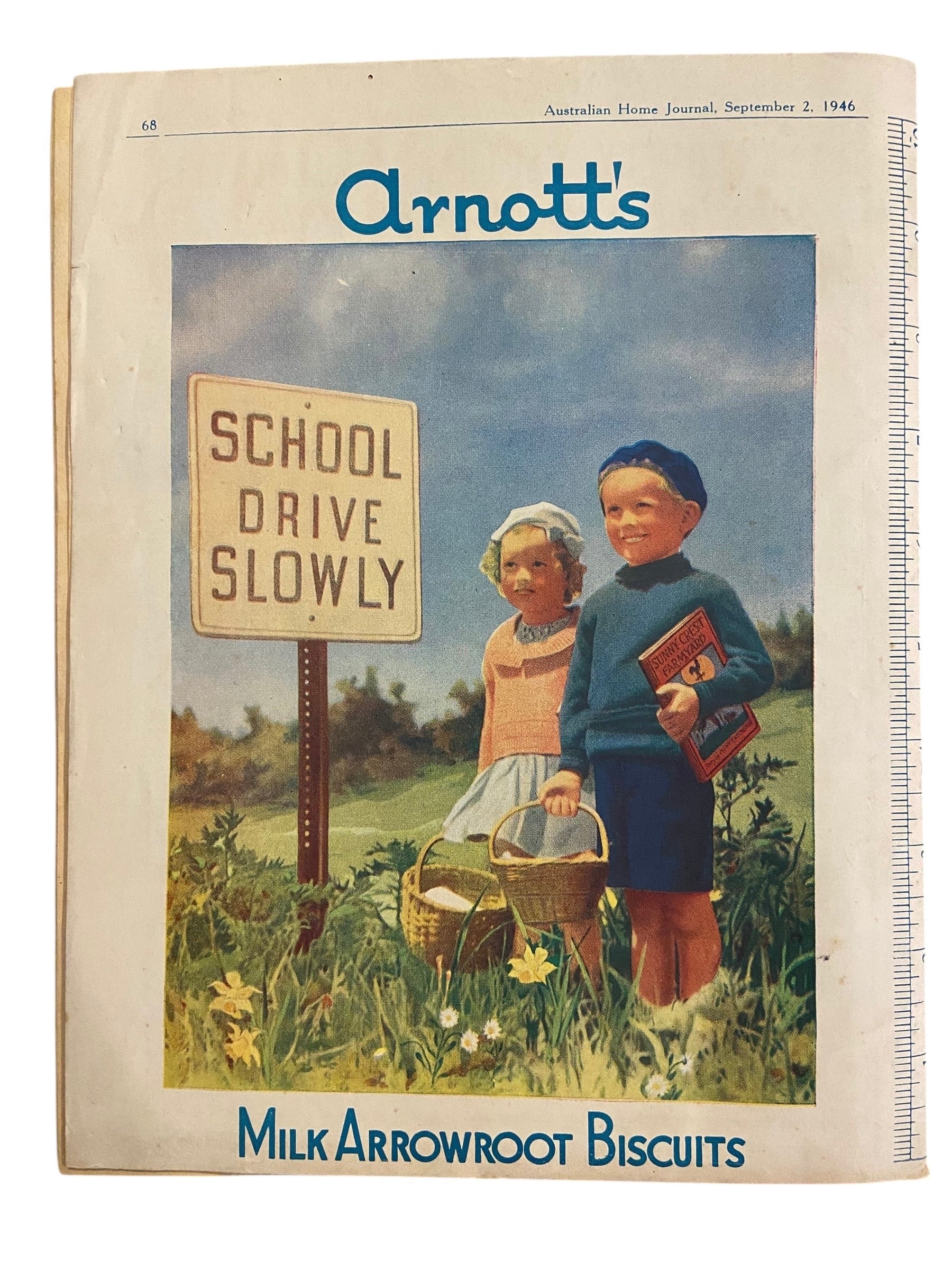 Australian home journal September 2nd 1946 with three sewing patterns, unused, factory folded, two women’s dresses (36 inch bust) and child’s frock age 8 years