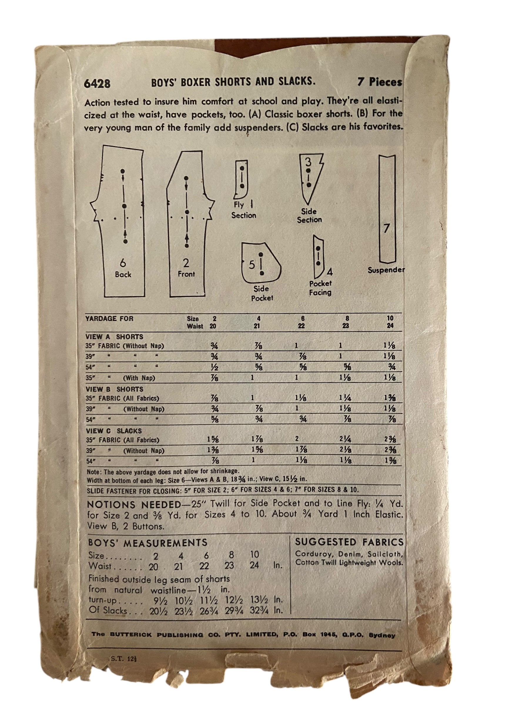 Butterick 6428 vintage 1950s boy's boxer shorts and slacks sewing pattern. Size 10 years waist 24 inches.