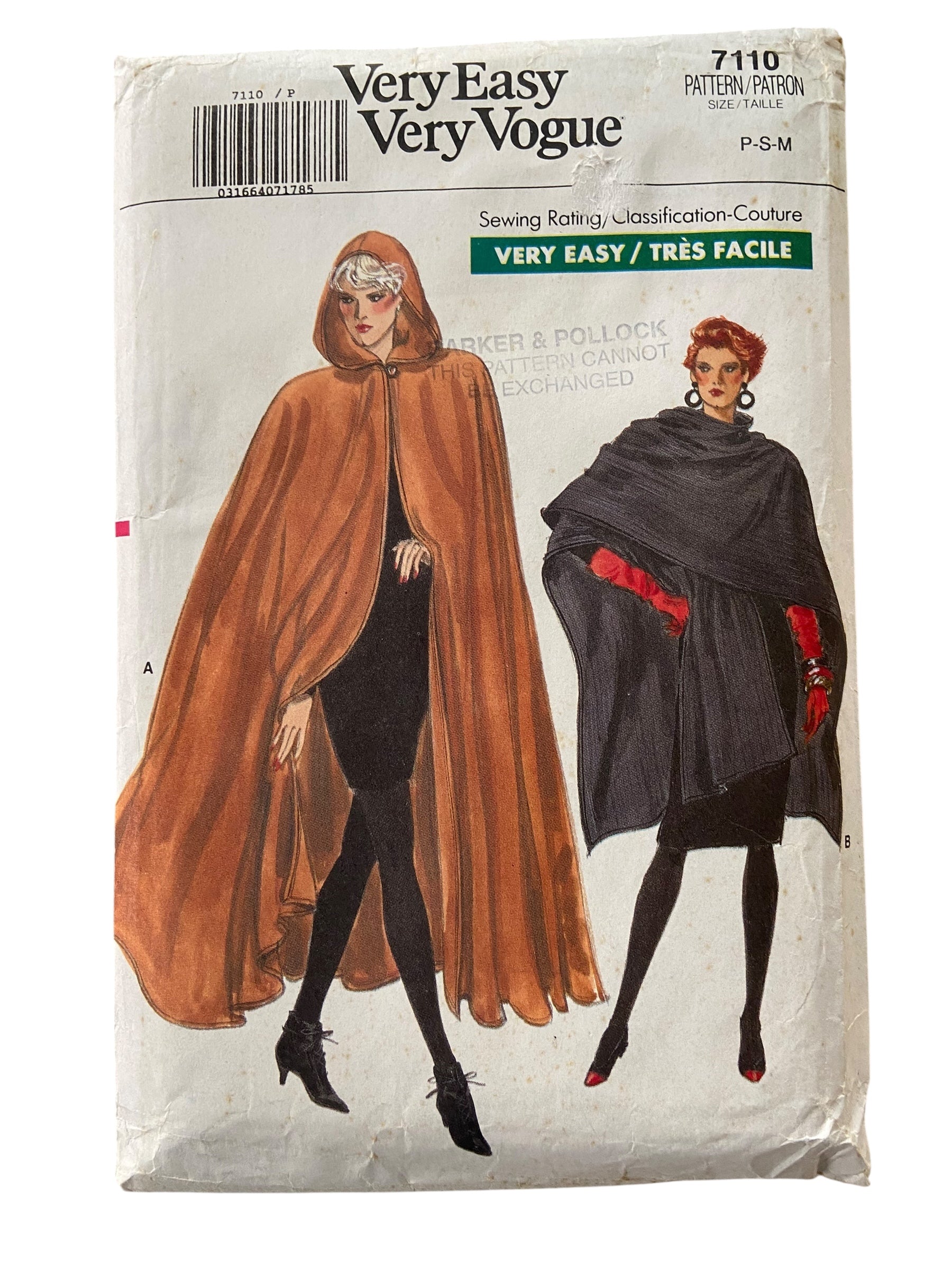 Vogue 7110 vintage 1980s cape sewing pattern.  Bust 30.5, 31.5, 32.5, 34, 36 inches