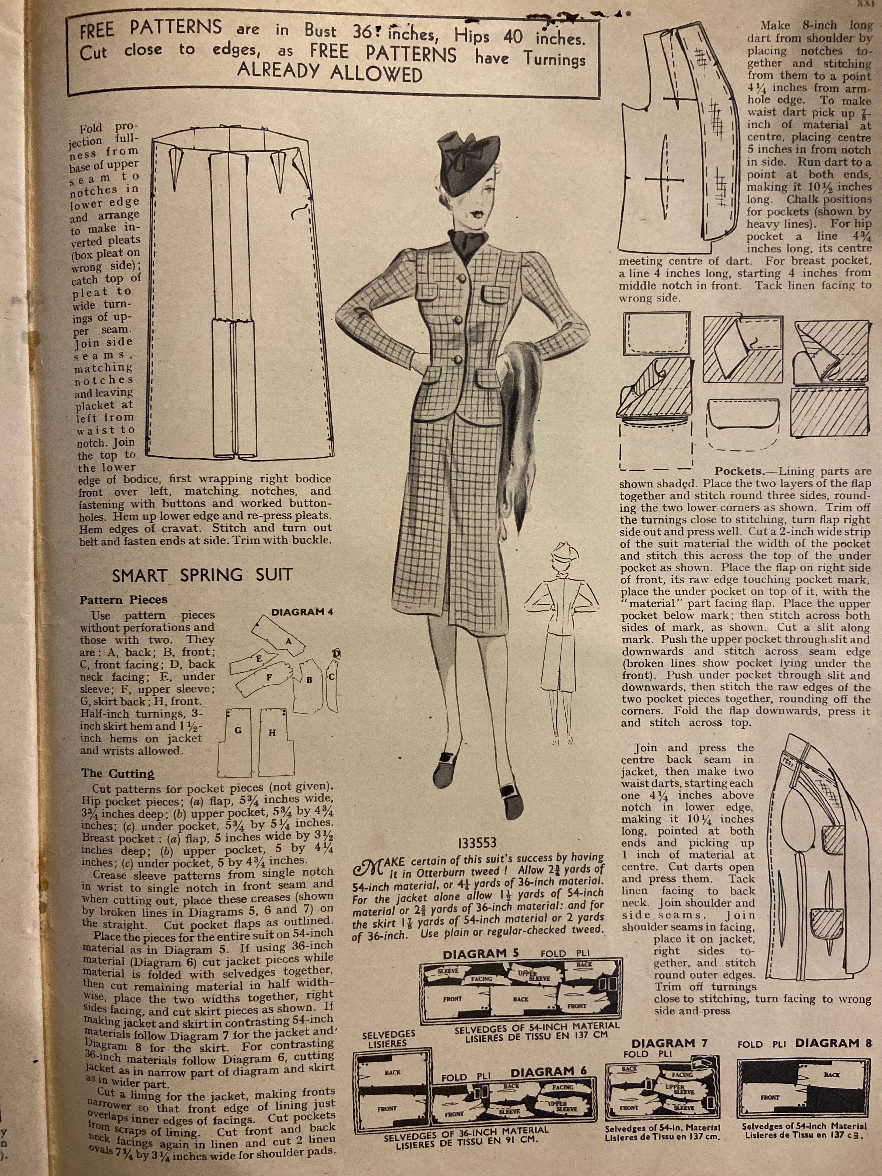 Weldon’s Ladies’ Journal No. 717 Portfolio of Fashions circa 1930s with two sewing patterns, unused, factory folded spring suit and day frock. Bust 36 inches.