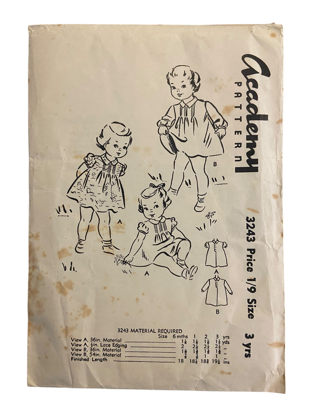 Academy 3243 vintage 1950s infant’s dress sewing pattern 3 years 22 inch chest