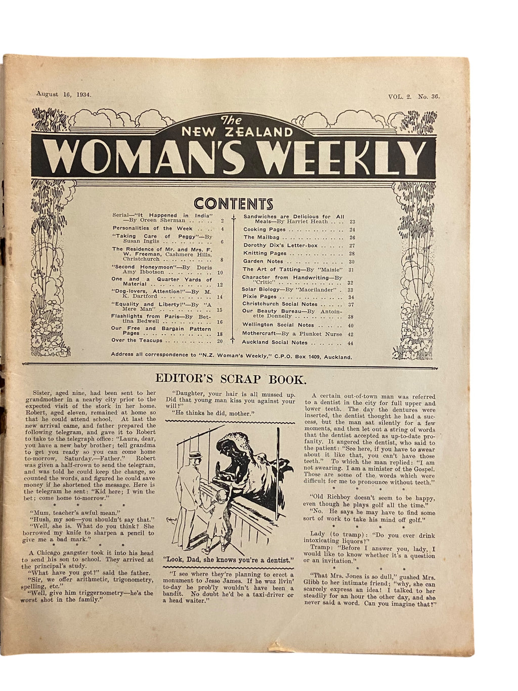 New Zealand Woman’s Weekly August 16 1934 with a sewing pattern, unused, factory folded, ladies frock (attractive frock for the matron), bust 36 inches