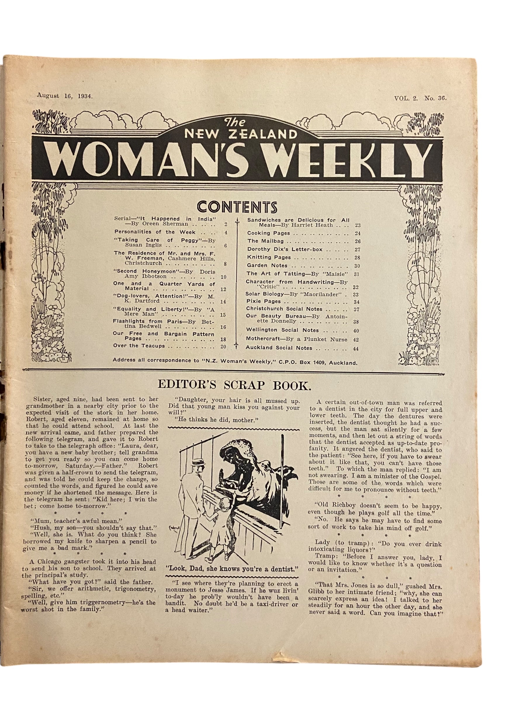 New Zealand Woman’s Weekly August 16 1934 with a sewing pattern, unused, factory folded, ladies frock (attractive frock for the matron), bust 36 inches
