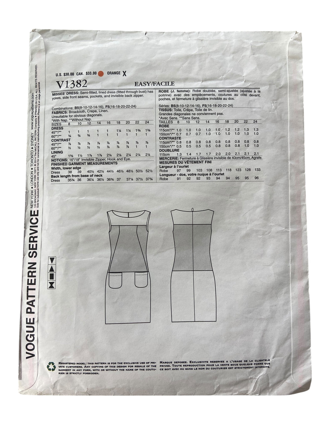 Vogue v1382 American Designer Anne Klein New York dress sewing pattern. Bust 31.5, 32.5, 34, 36, 38 inches