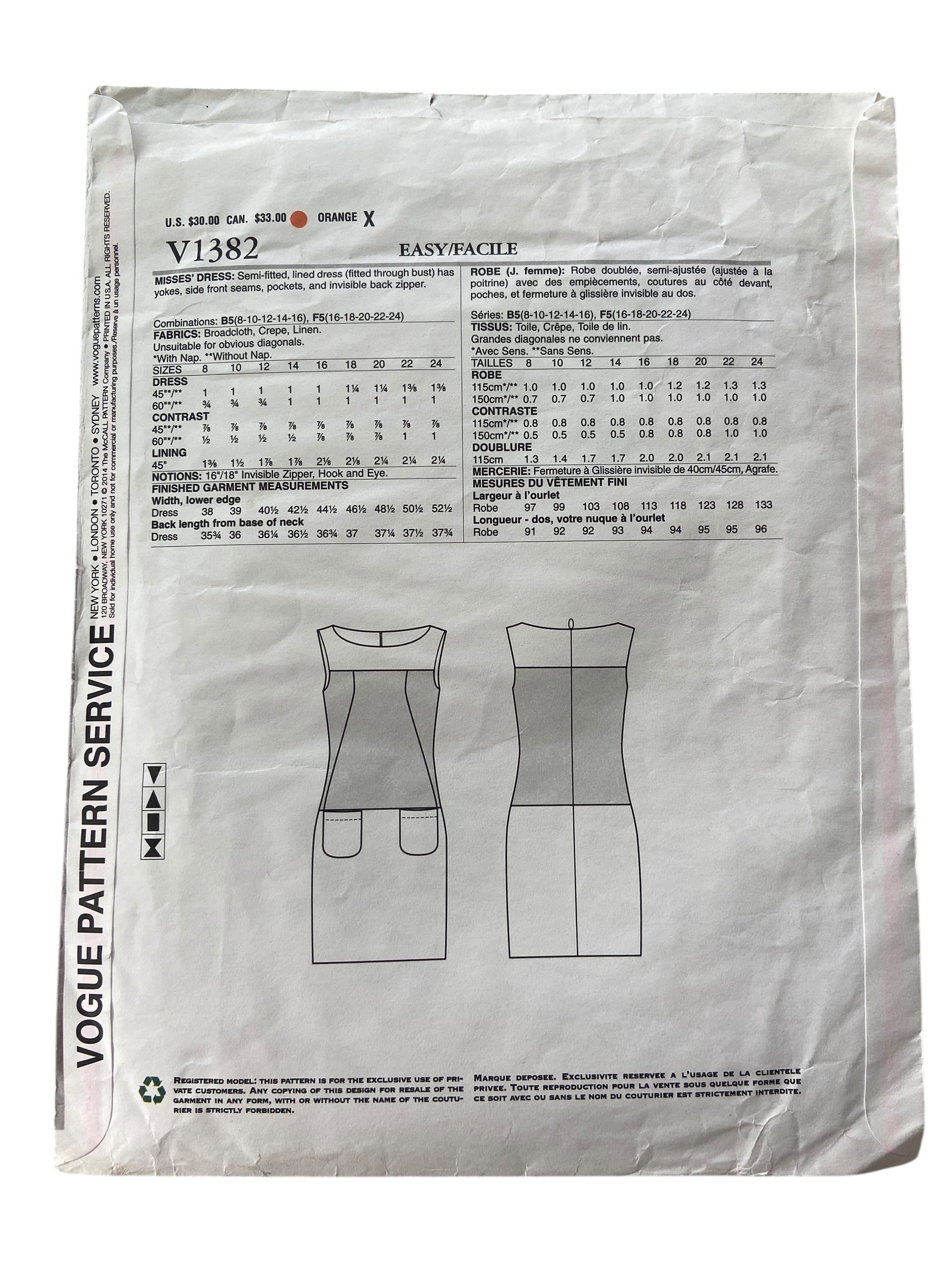Vogue v1382 American Designer Anne Klein New York dress sewing pattern. Bust 31.5, 32.5, 34, 36, 38 inches
