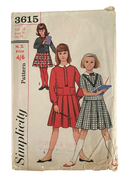 Simplicity 3615 vintage 1960s girl’s two-piece dress sewing pattern. Size 12 years breast 30 inches.